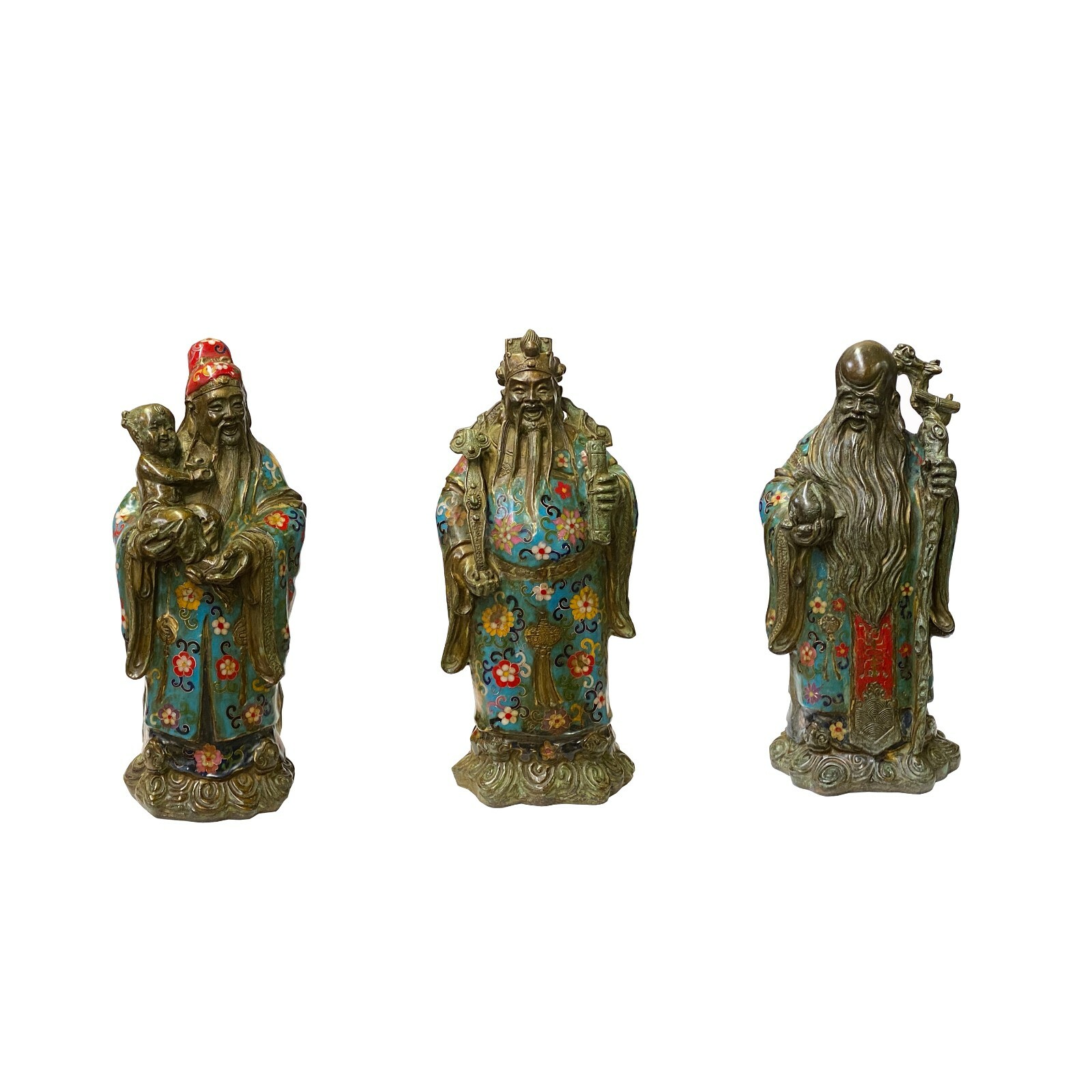 Vintage Metal Blue Yellow Enamel Cloisonné Fok Lok Shou Statue Set ws1893