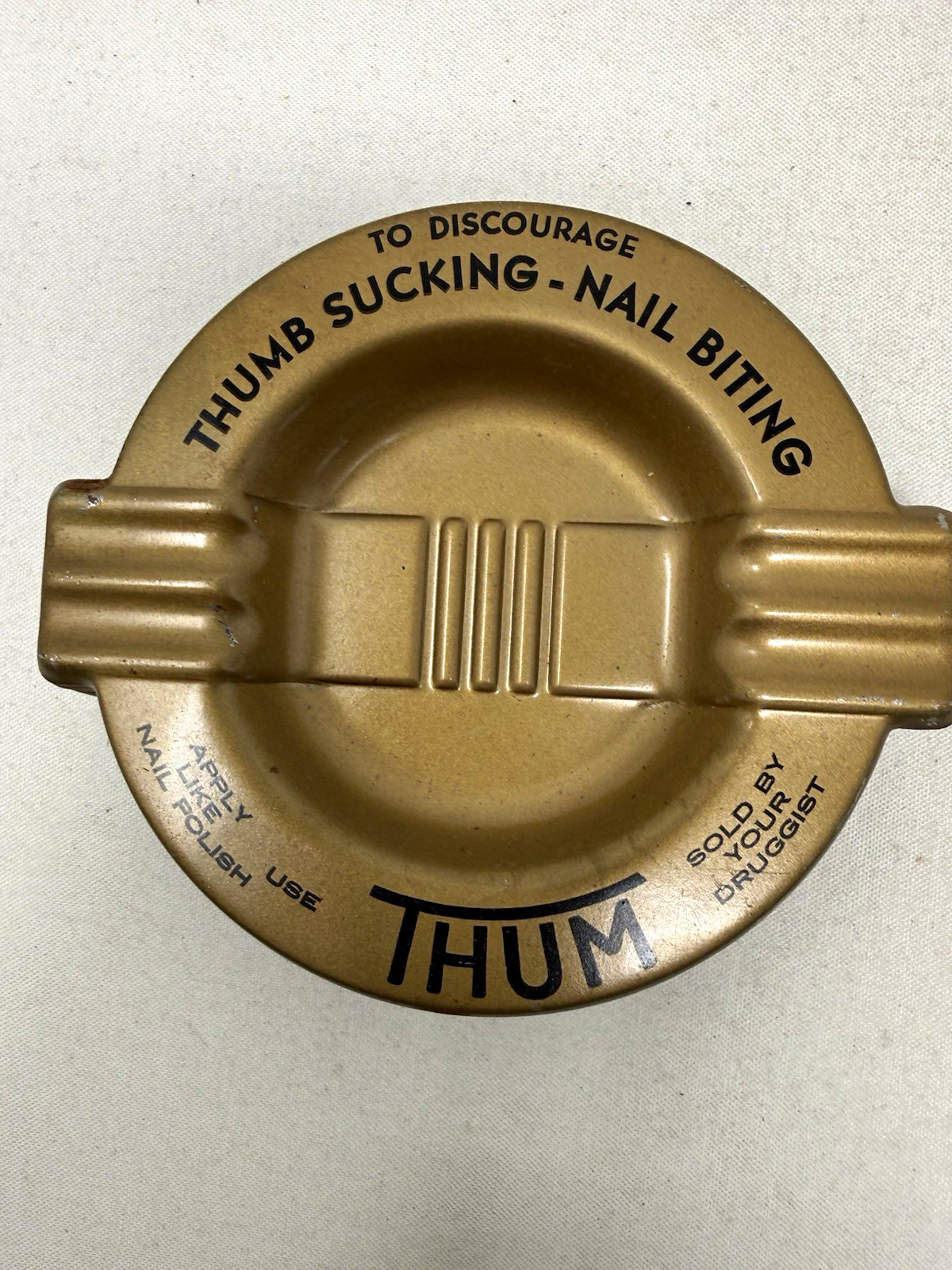 Lot of 9 Vintage Thum Advertising Ashtrays Gold Tone Metal Mid Century Drugstore