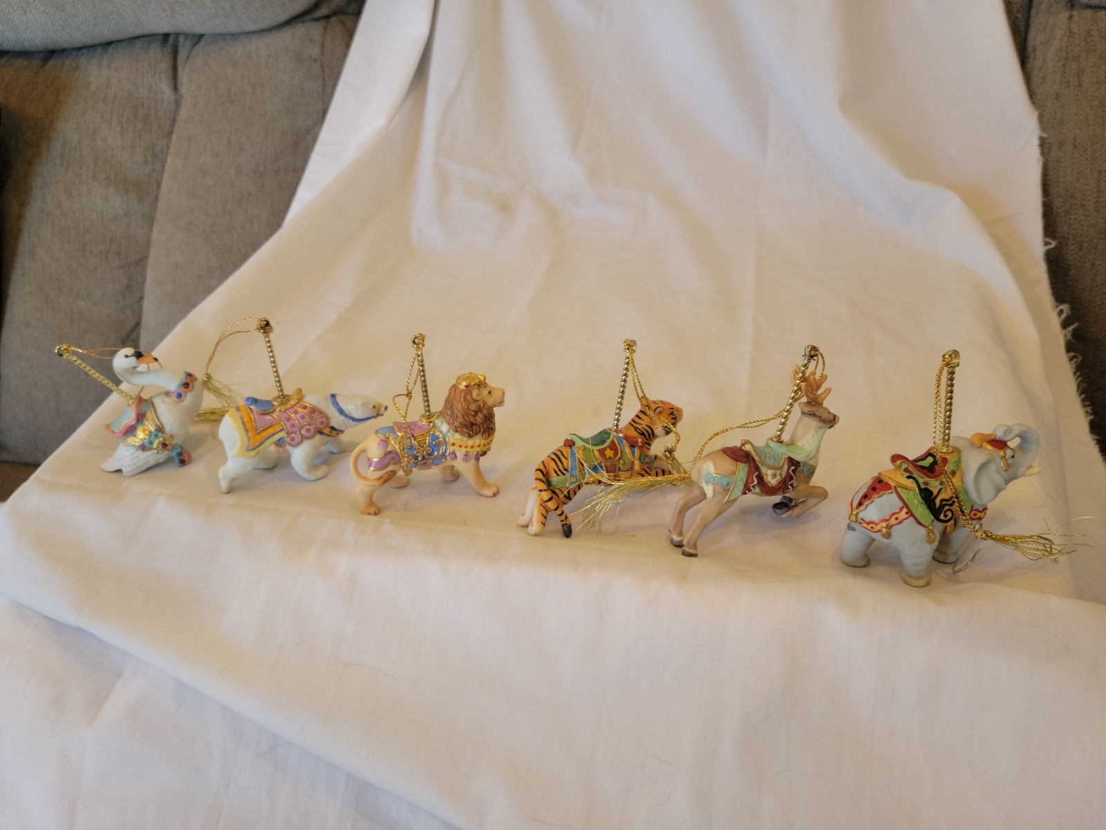 6 Vntg Lenox Porcelain Carousel Christmas Ornaments Bear,Tiger,Lion,Swan,Deer +1