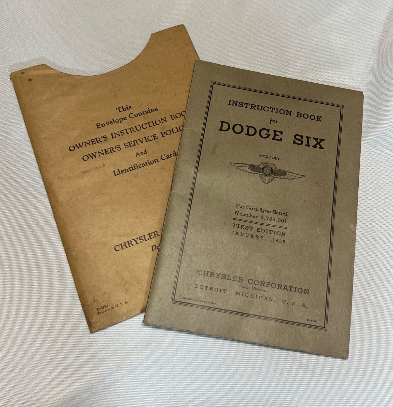 Antique 1935 Dodge Six Instruction Book Car Owner Manual & Original Envelope Set