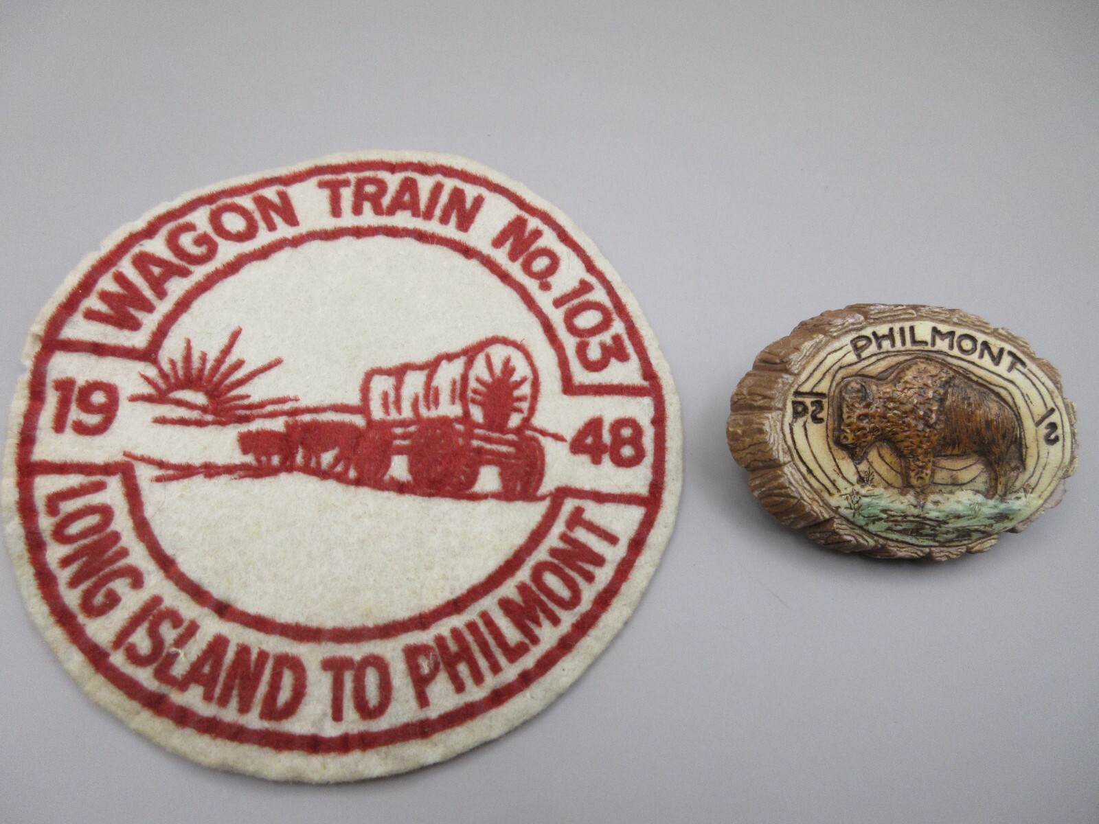 RARE Vtg 1948 BSA Philmont Felt Patch Long Island + Neckerchief Slide Buffalo