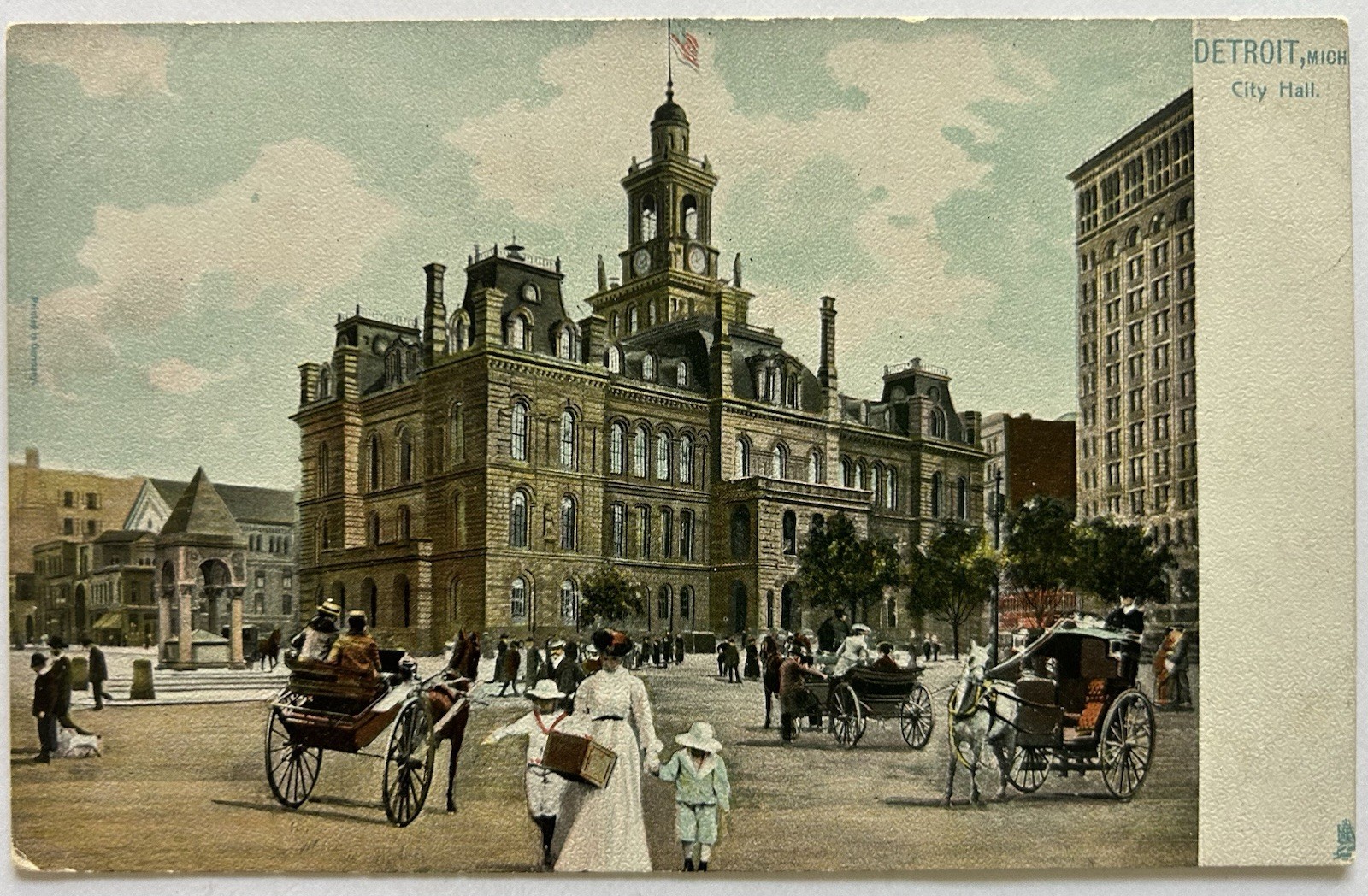 Antique Raphael Tuck & Sons Postcard | Detroit Michigan City Hall, Horse & Buggy