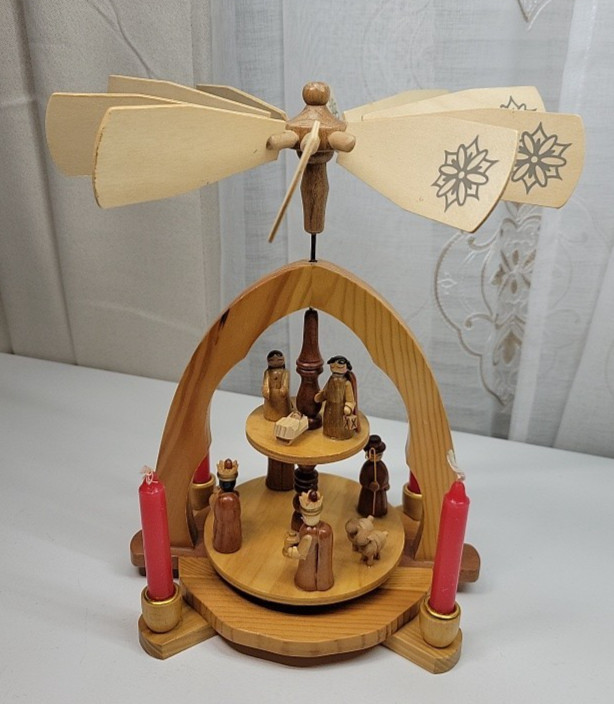 VTG MCM Wood Arch Christmas Carousel Pyramid Nativity Scene Candle Holder