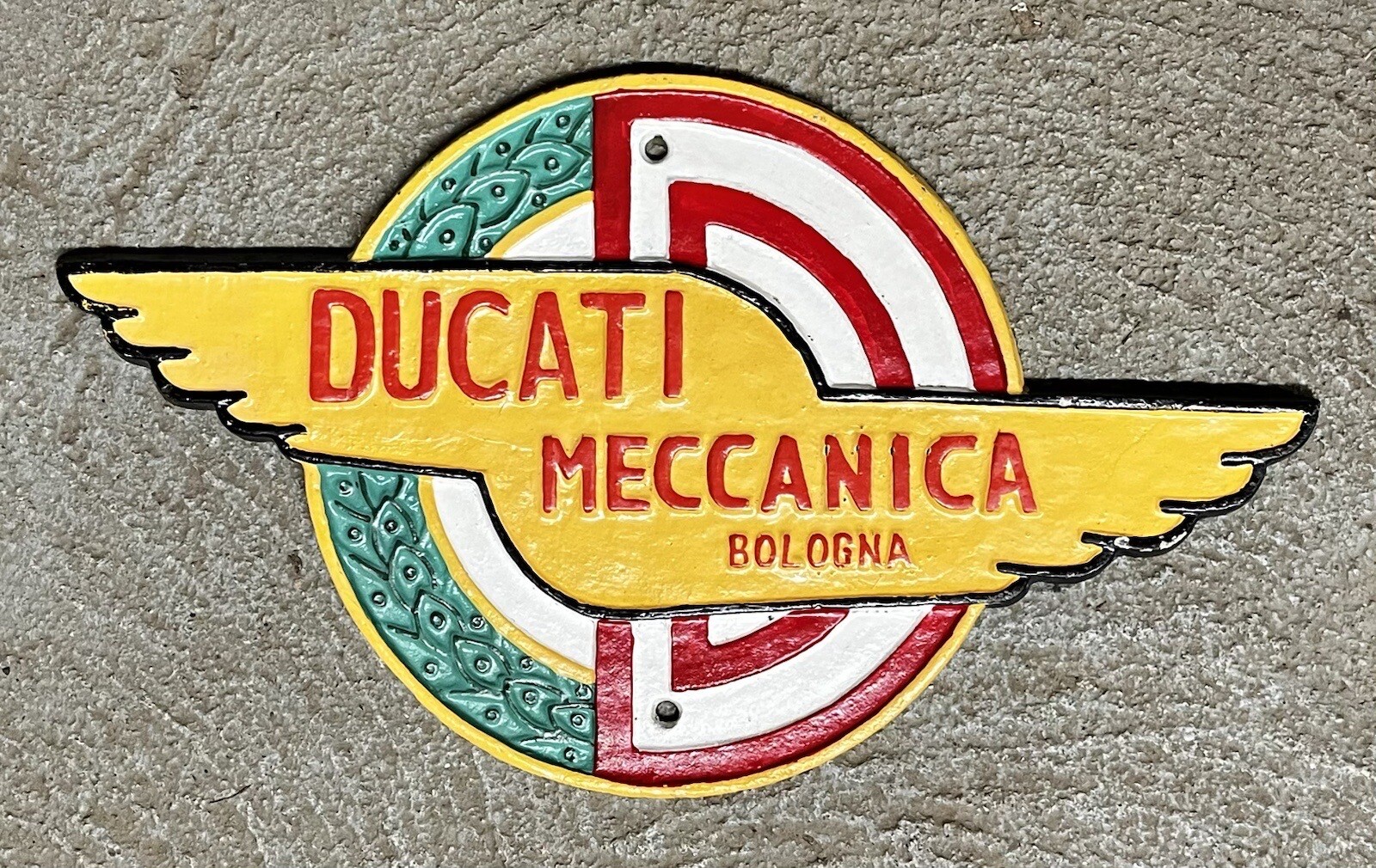 DUCATI Meccanica, Bologna, 1949 Cast Iron Motorcycle Wall Sign, 7.75” x 13”