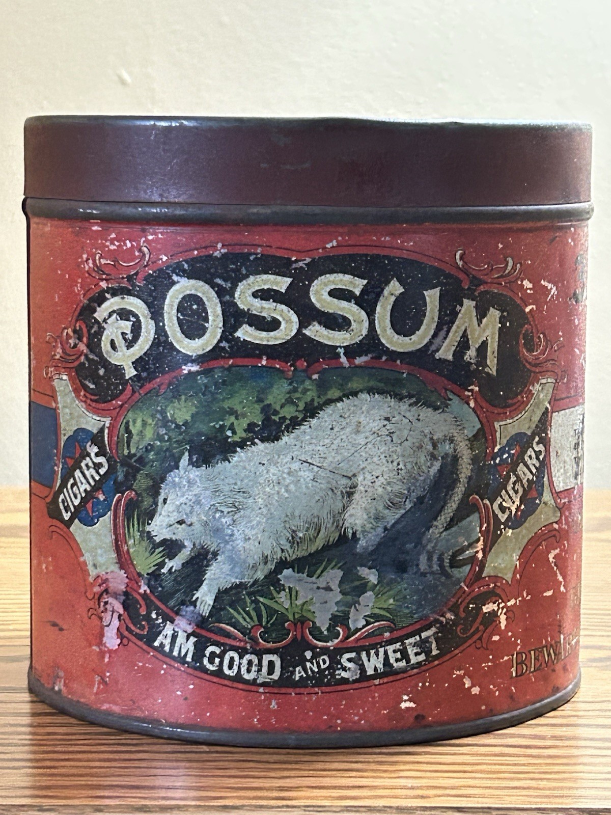 ANTIQUE ADVERTISING EMPTY POSSUM ROUND CIGAR  TOBACCO  TIN  FACTORY NO. 50