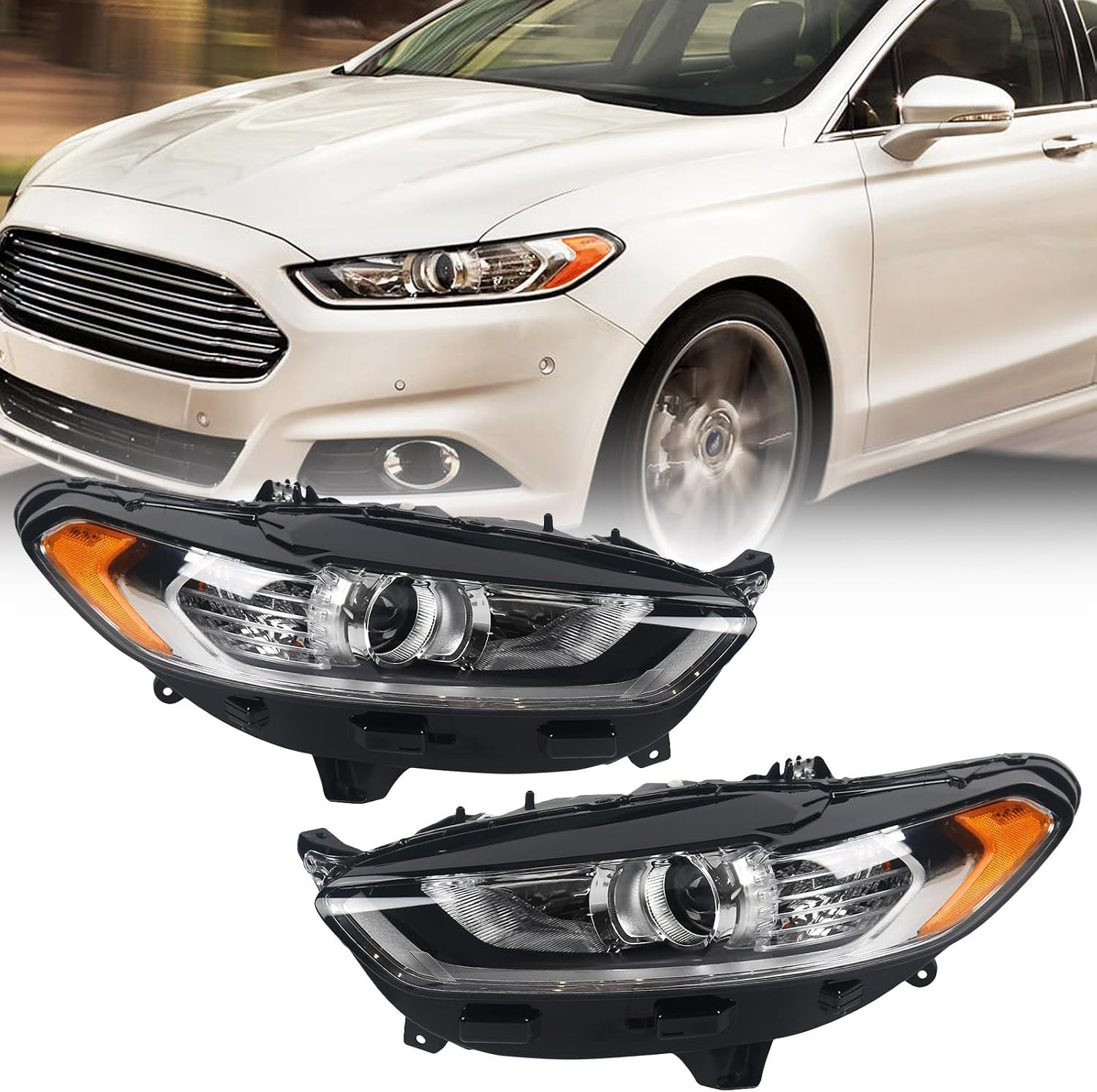 Headlight Assembly for Ford Fusion 2013 2014 2015 2016 Pair Halogen Projector He