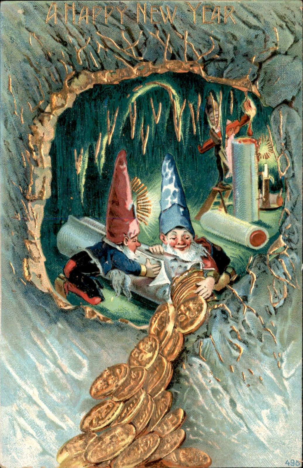 New Year gnomes in Cave gold coins Fantasy c1900s-10s Vintage Postcard bhn