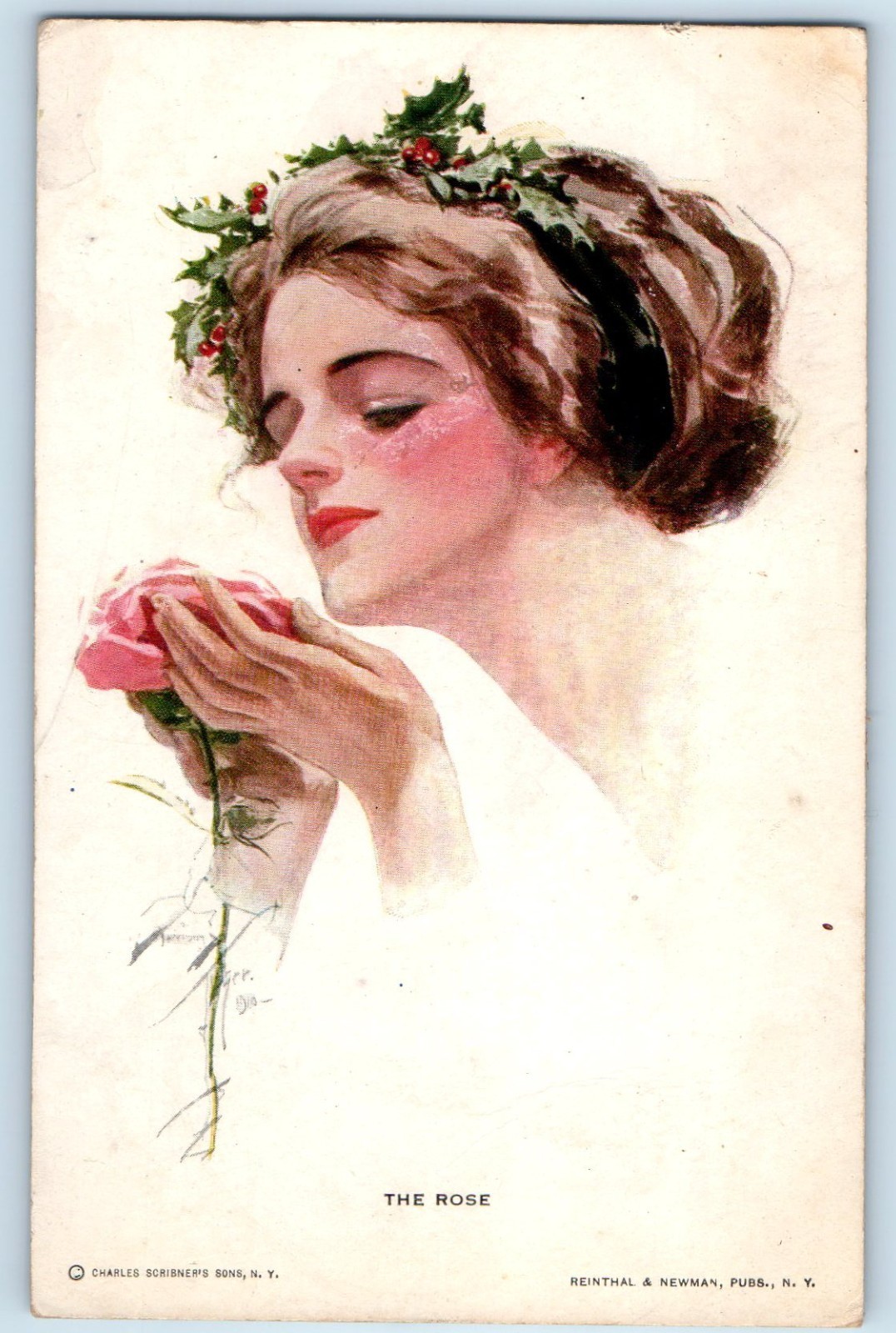 c1910's The Rose Pretty Woman With Flower Signed Artist Posted Antique Postcard