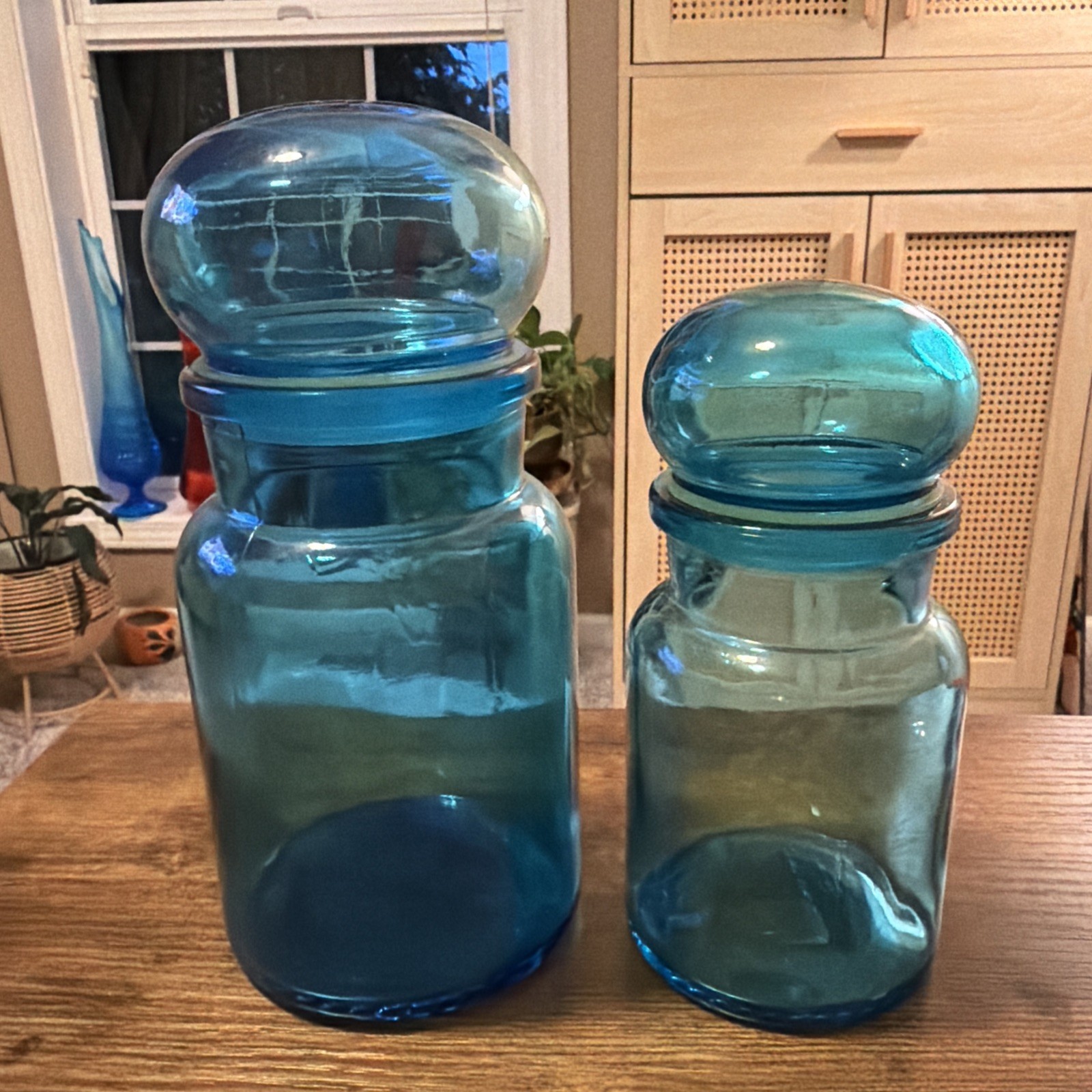 Blue Glass Apothecary Storage Jars Bubble Top Belgium Two Sizes VTG 