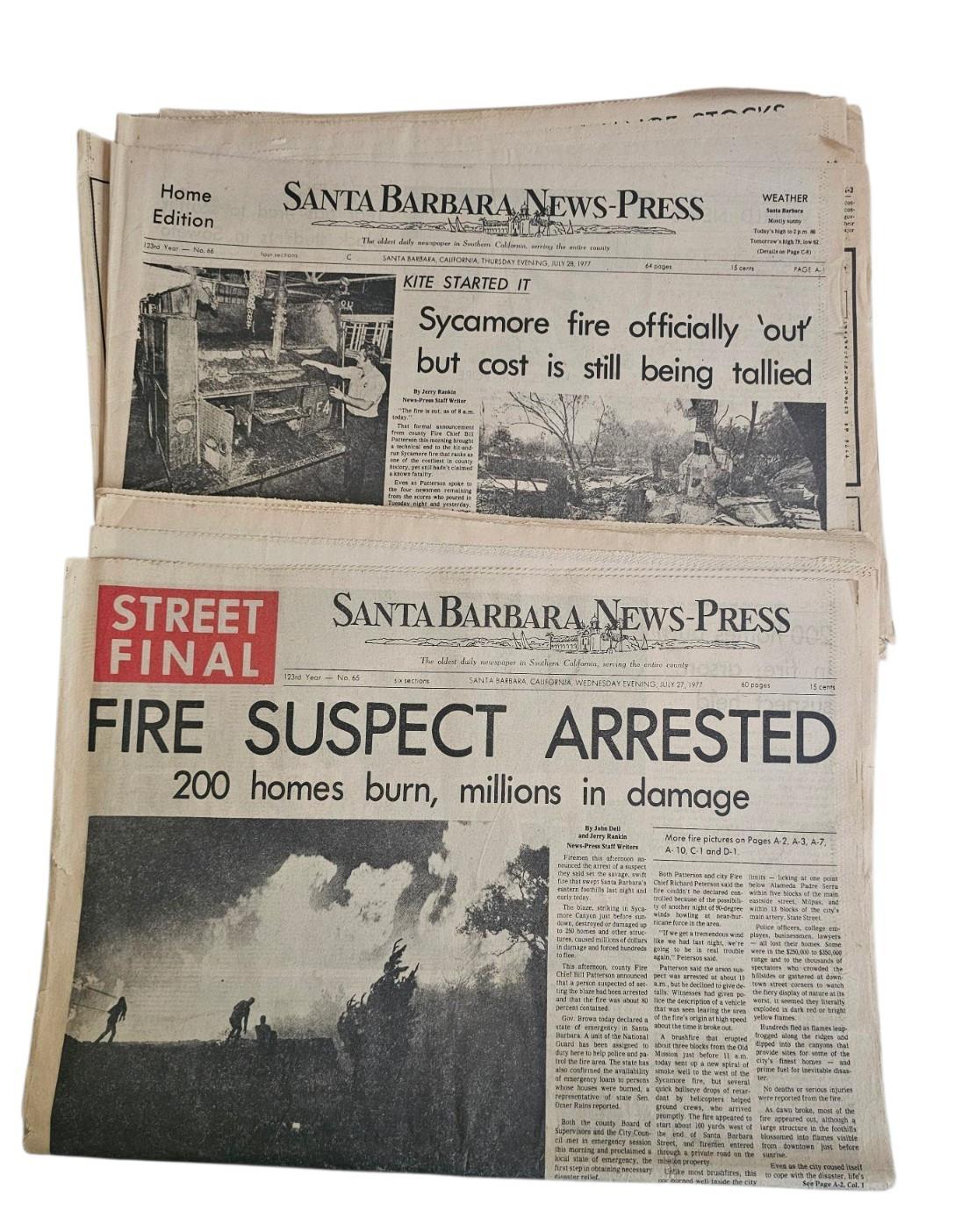 Sycamore Canyon Fire Flame Santa Barbara Newspaper CA July 27 & 28 1977 Lot of 2