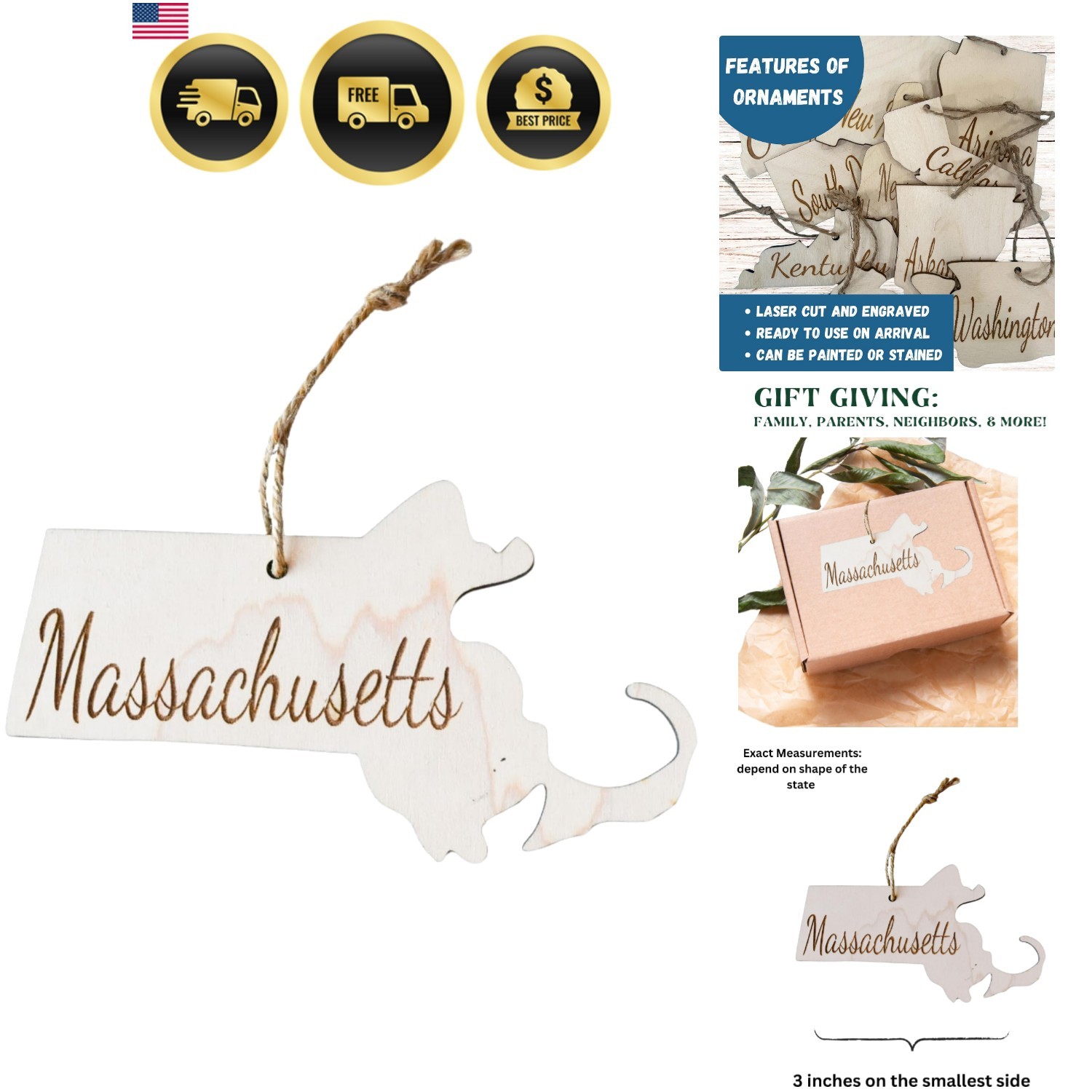 Massachusetts Christmas Ornament | Wooden State Ornament Gift Massachusetts Christmas Ornament | Wooden State Ornament Gift