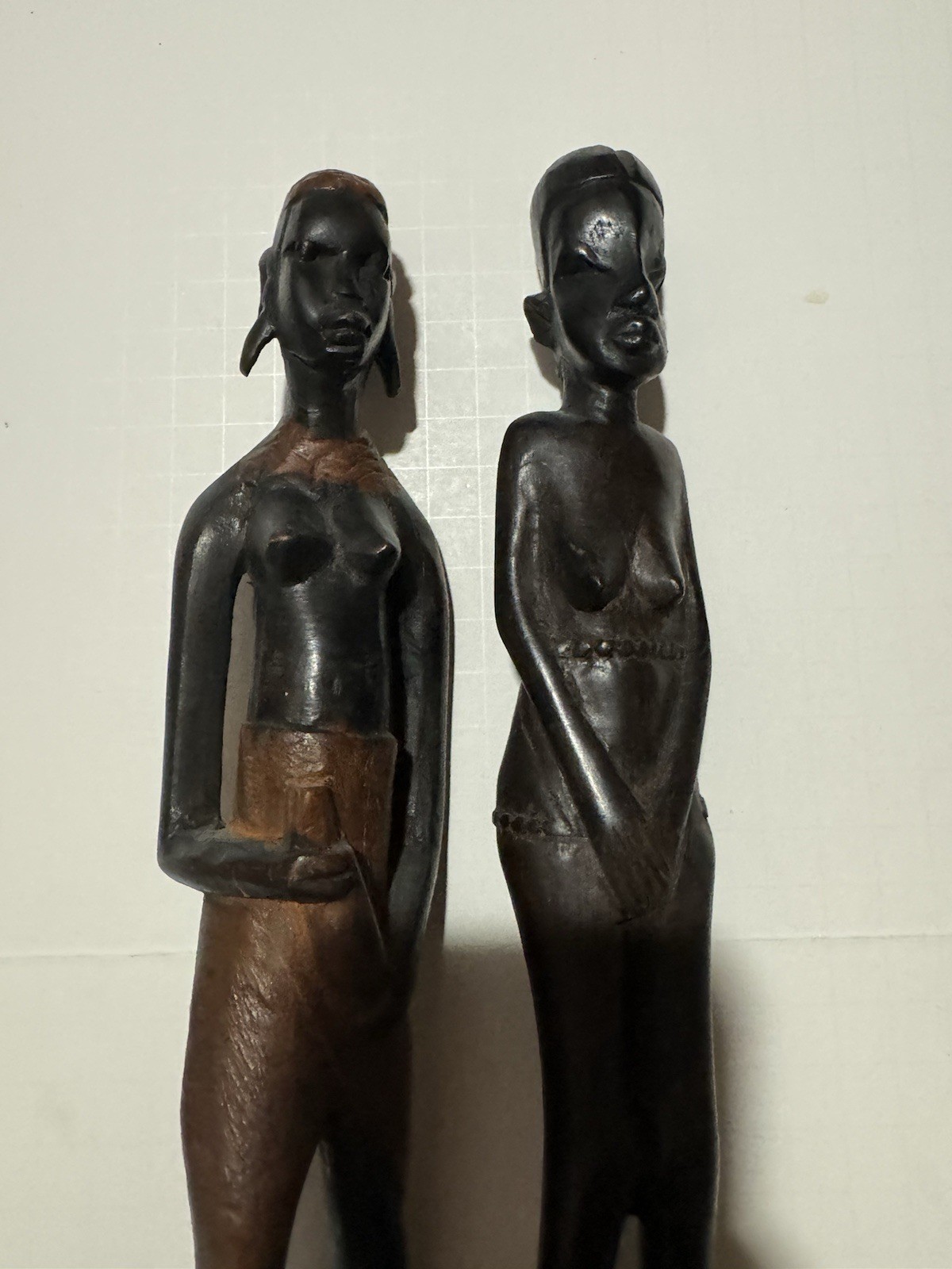 Handmade African Carved Wooden Male & Female Figurine Statues Pair on Bases