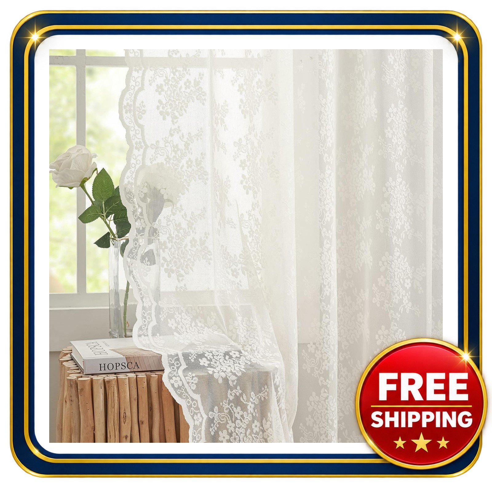 Pair vintage lace curtains 84 inches long ivory floral sheer fabric