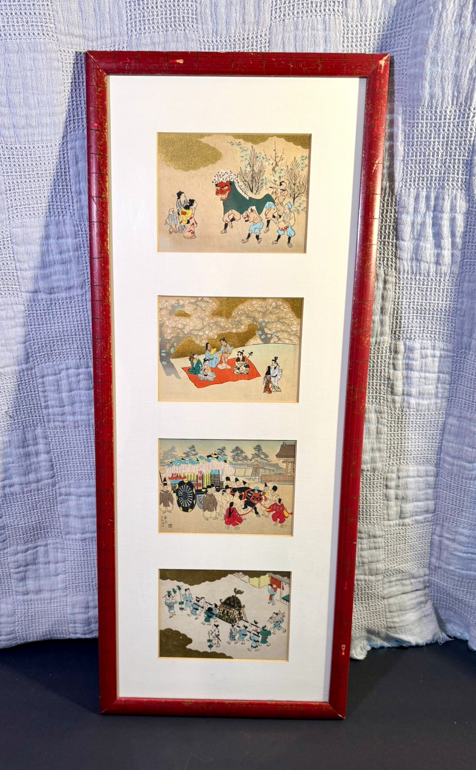 Vintage Japanese Woodblock Print Set Framed 4 Scenes Gold Leaf Matsuri Aoi Festi