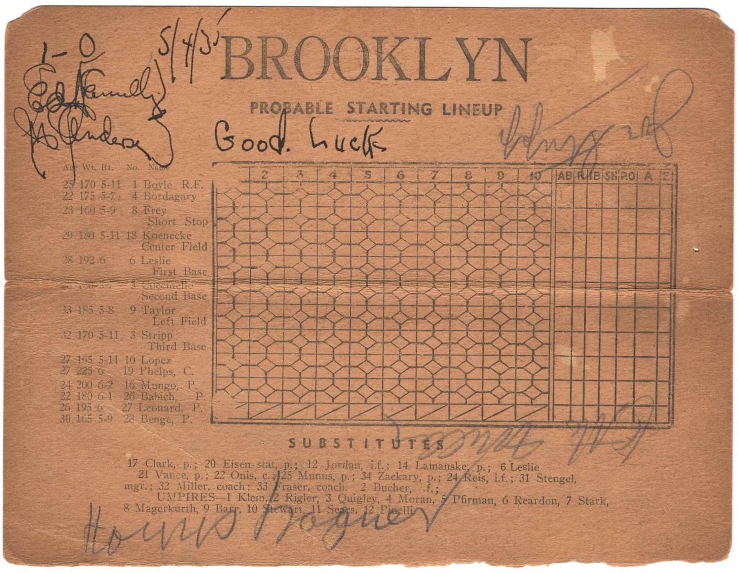 Honus Wagner autographed 1935 Pirates/Dodgers scorecard, JSA authenticated