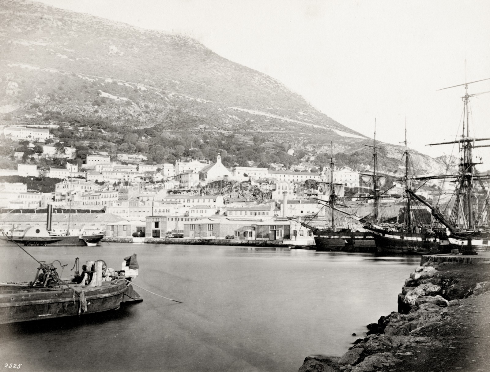 Gibraltar Harbour Rock Sailing Ships Seaport Townscape Vtg. Photo 19thC.