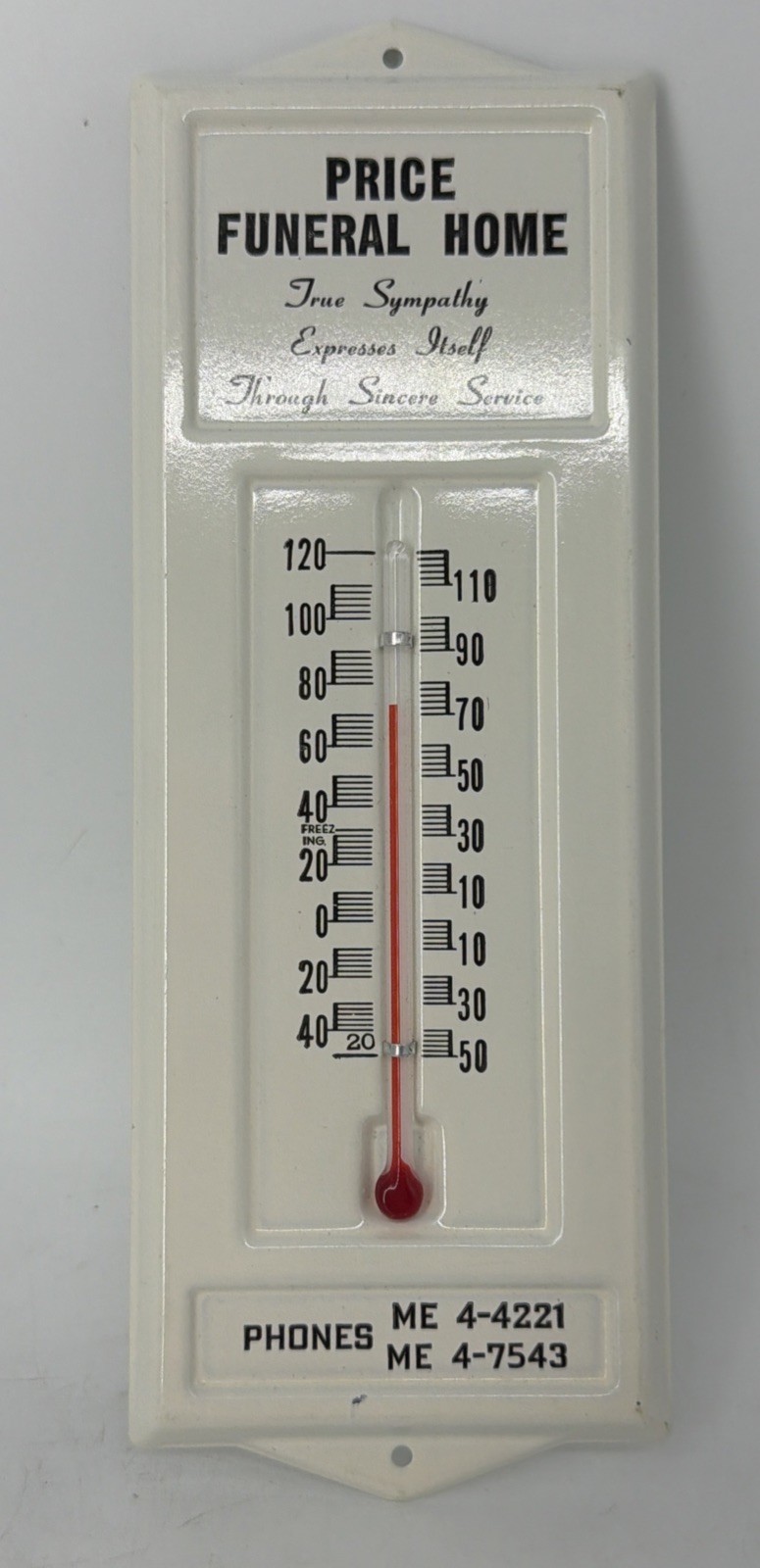 VTG 1050’s-60’s Price Funeral Home Pressed Metal Thermometer Troy Michigan VGC