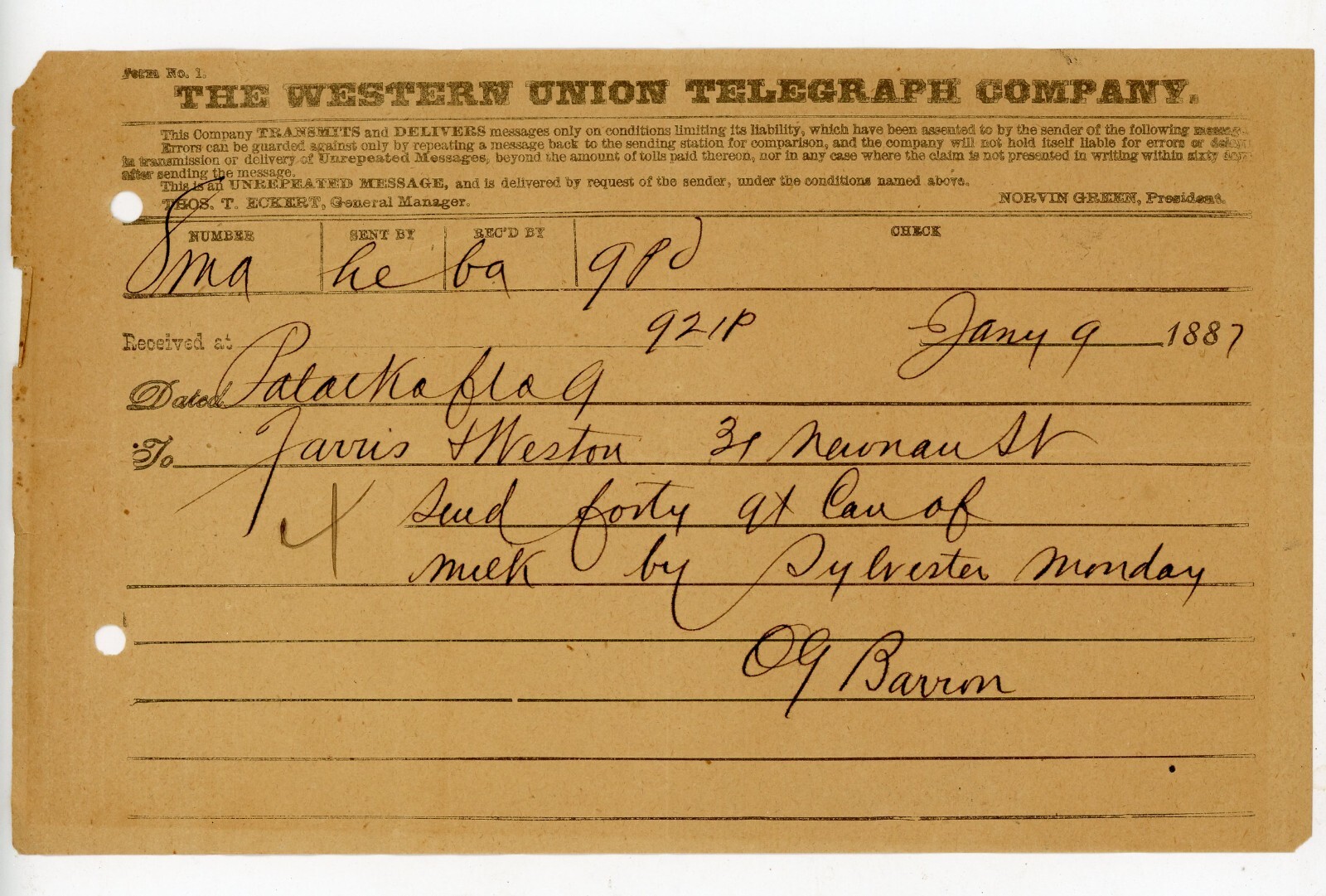 1887 Western Union Telegram Palatka FL 40 Gallons Milk Signed OG Barron Florida