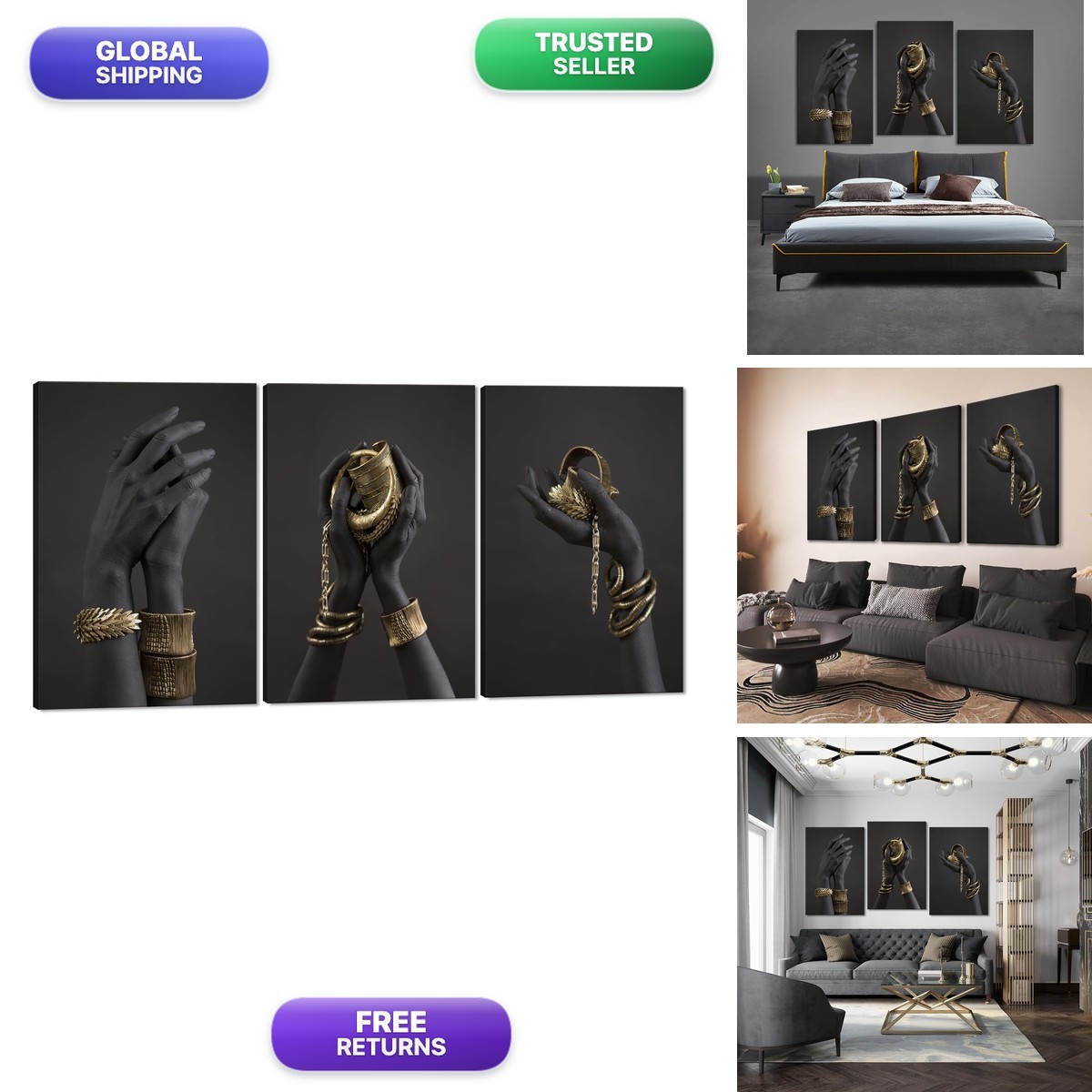 MAMAGO African American Woman Canvas Prints 3 Panels Black Gold 24\