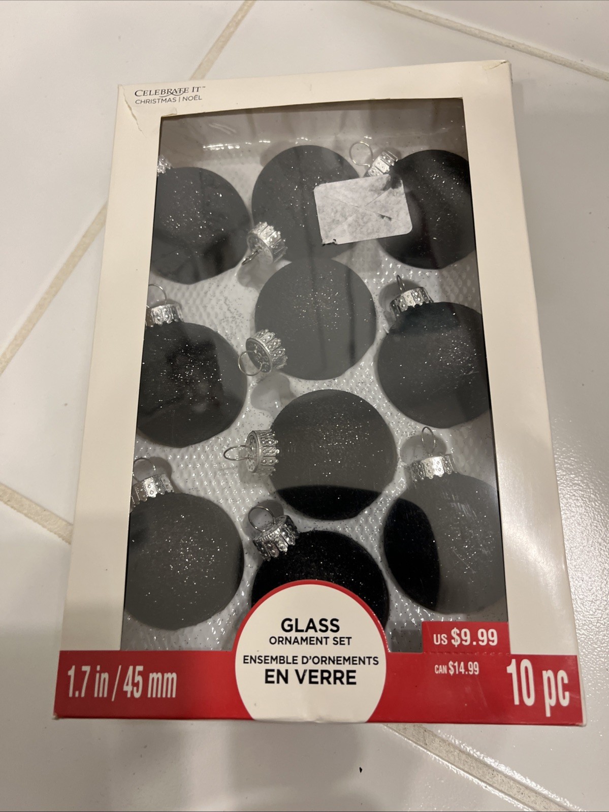 1.7 Black Glitter Glass Ornaments Set NIB Christmas Holiday