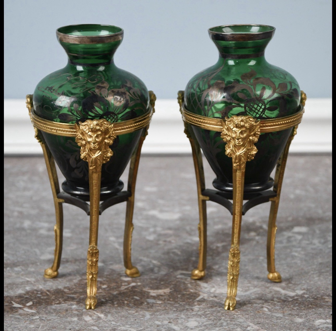 Pair of Antique Green Glass Vases with Silver OverlayDoré Gilt Lion Head Tripod