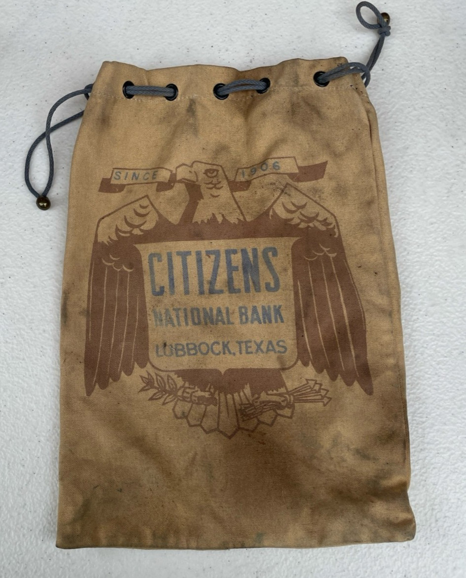 Vintage Citizens National Bank Lubbock Texas Brown Canvas Money Bag Drawstring
