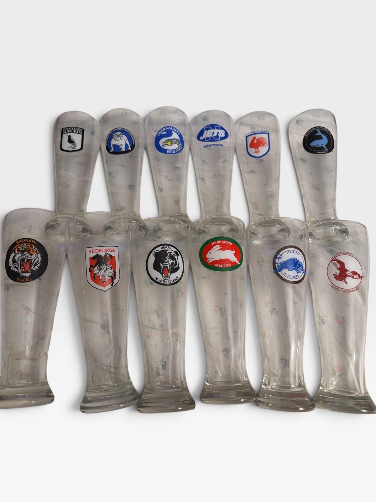 Set of 12 NRL Team Logo Clear Glass Beer Glasses Tapered 610-700ml