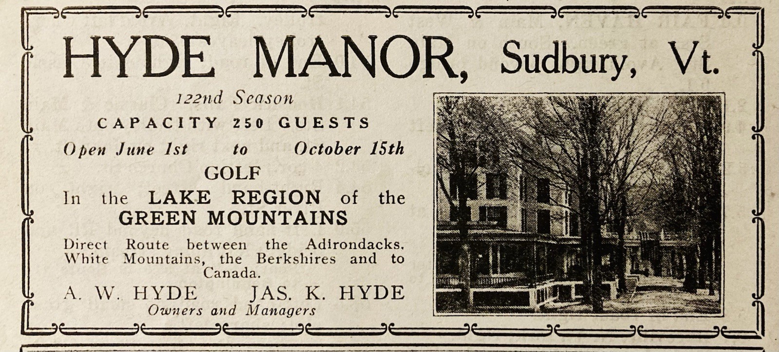 1922 AD.(PC8)~HYDE MANOR HOTEL, SUDBURY, VT. 122nd SEASON GREEN MOUNTAINS