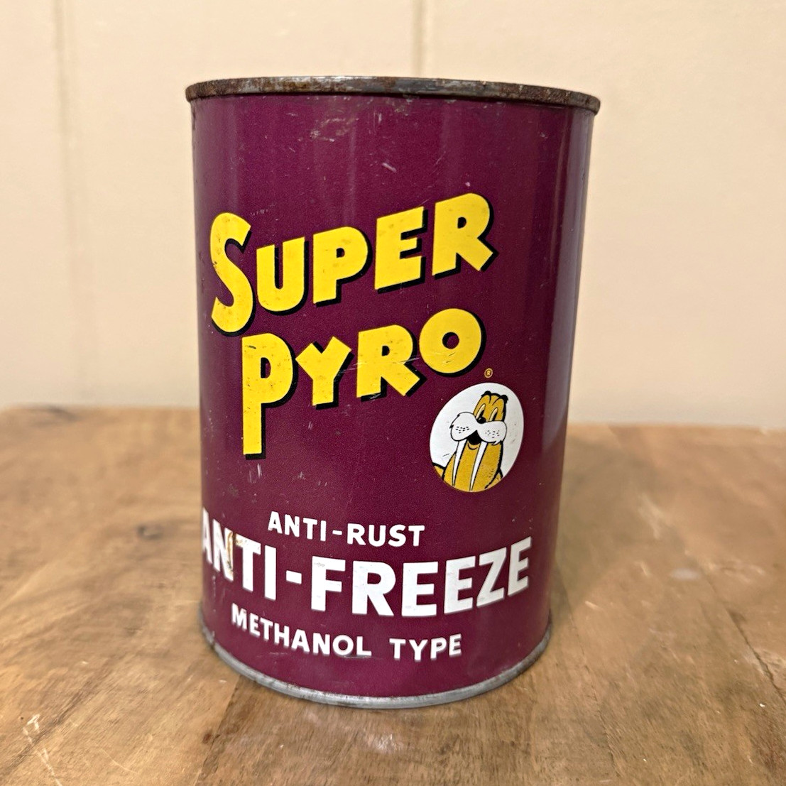 vintage Super Pyro Anti-Rust Antifreeze metal can, likely from the 1950s–1960s.