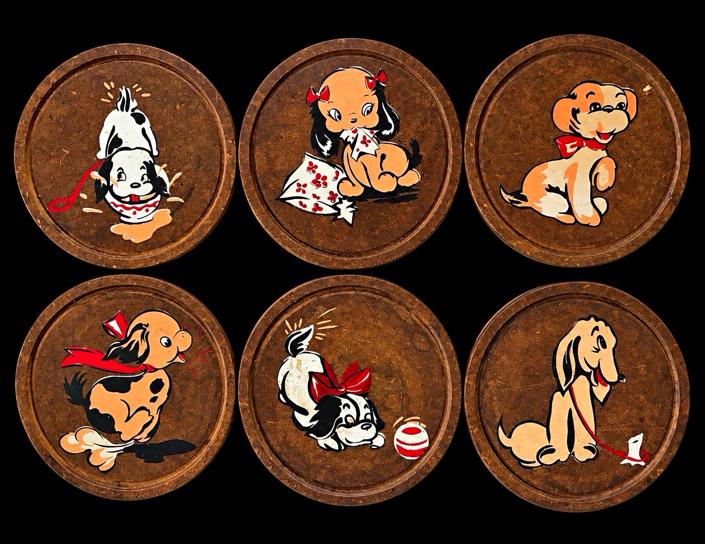 Vintage Set of 6 Puppy Dog Coasters Round Retro Mid Century Kitsch Barware