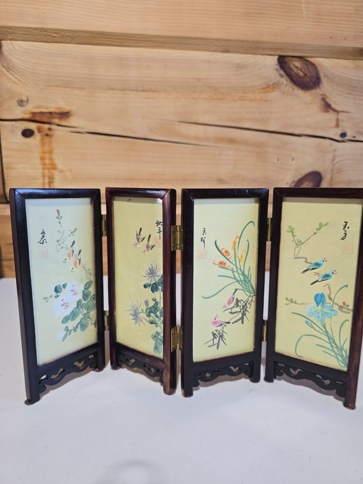 Vintage Hand Painted Silk Folding Screen in Wood and Glass