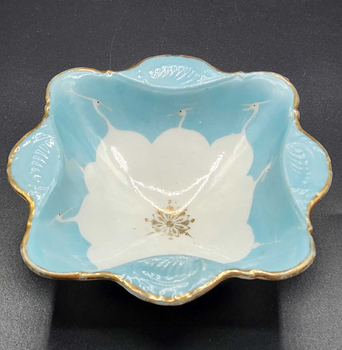 Beautiful Vintage Porcelain Light Blue Trinket Jewelry Plate/Bowl with Swan Imag
