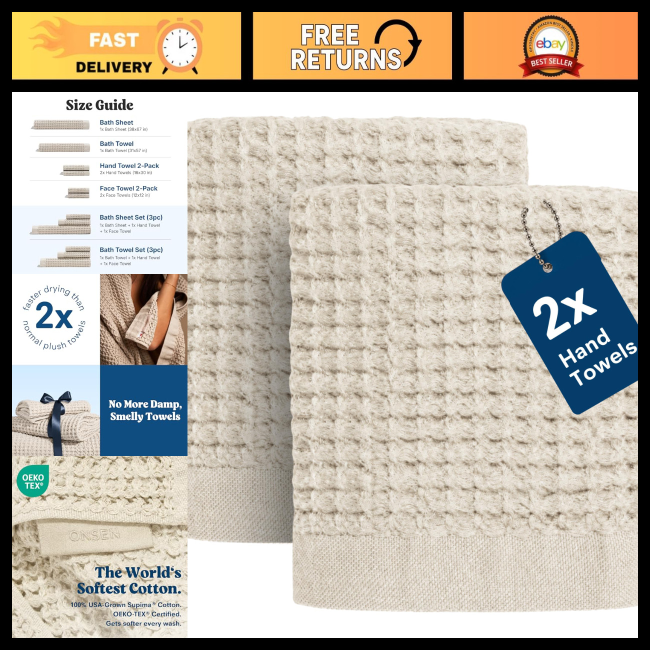 ONSEN Supima Waffle Hand Towels- Oatmeal, 2X Hand Towel