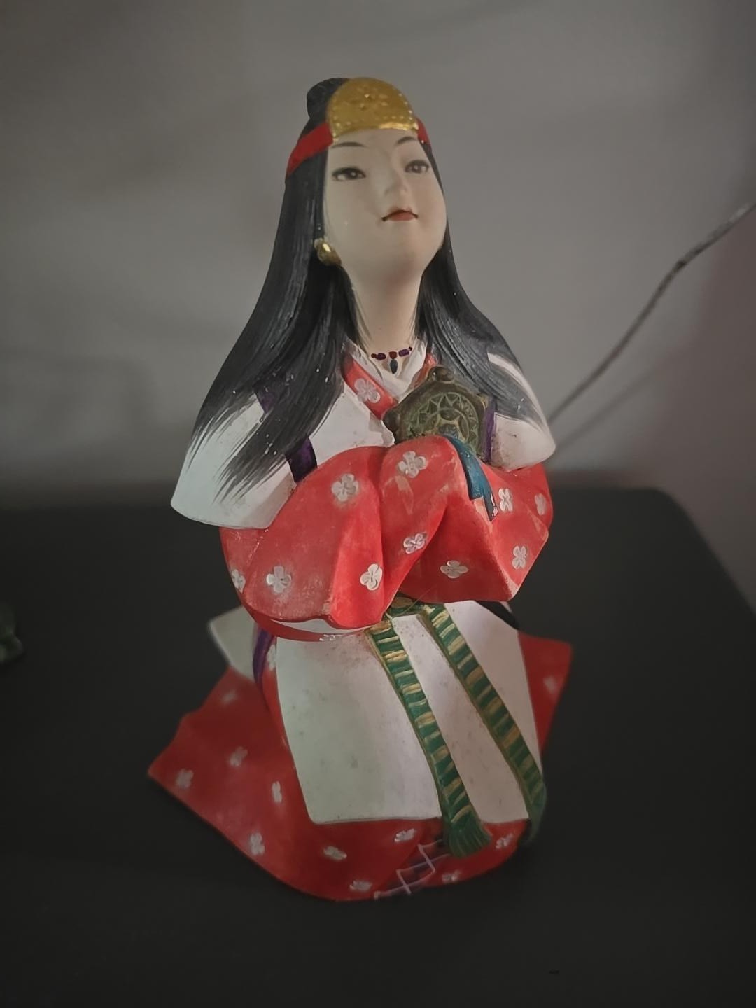 Vintage Japanese Hakata Doll Red White Kimono Gold Headpiece Figurine