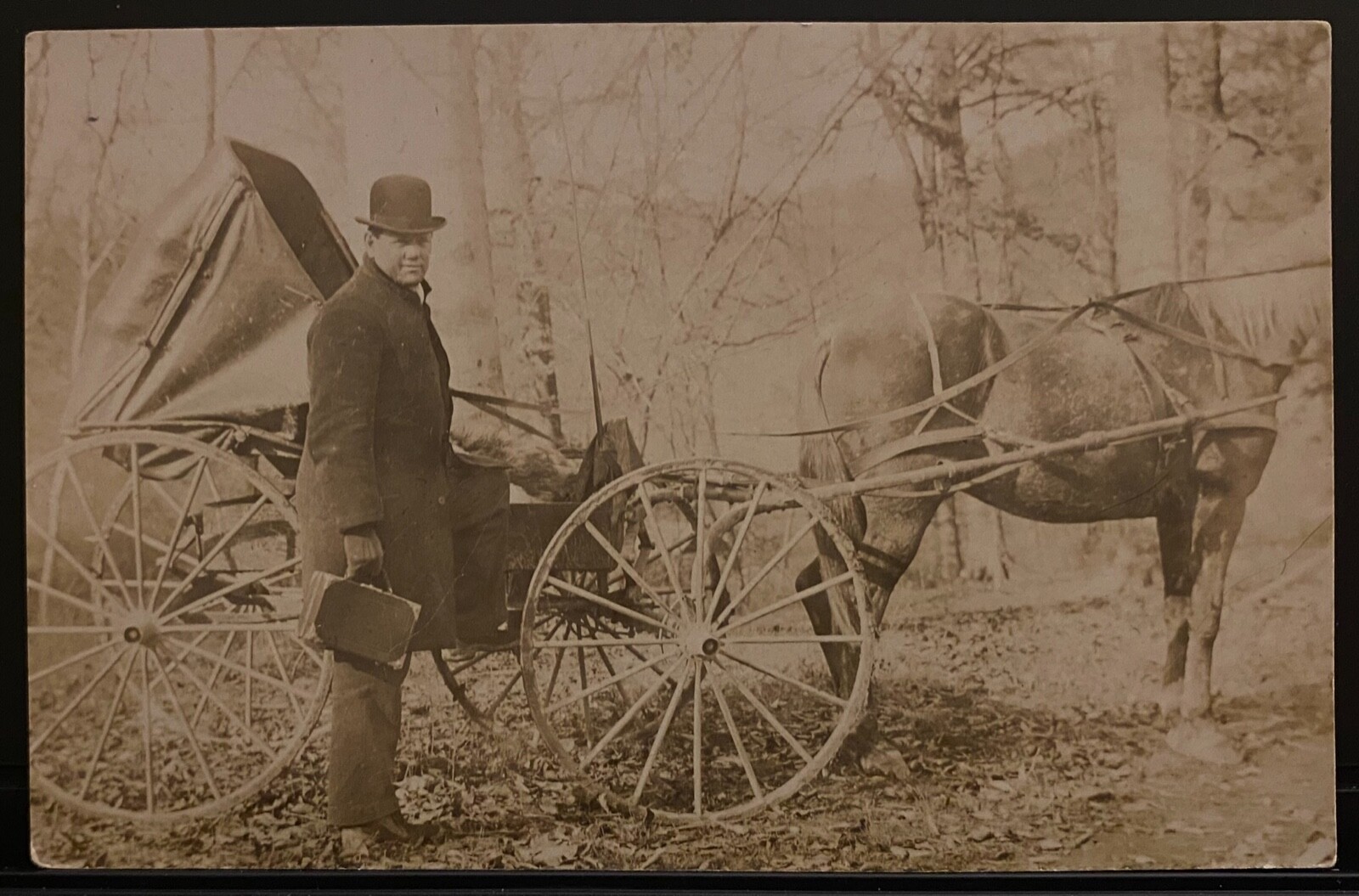 Real Photo Postcard RPPC~Dapper Man in Bowler Hat Holds Box Camera~Horse & Buggy