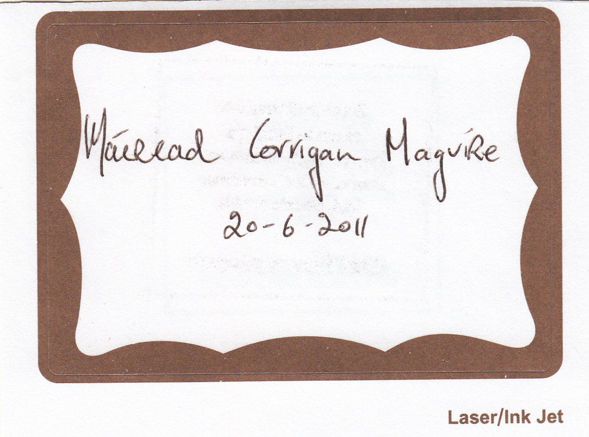 Nobel Prize Mairead Corrigan 1976 Peace RARE SIGNED BOOKPLATE STICKER AUTOGRAPH