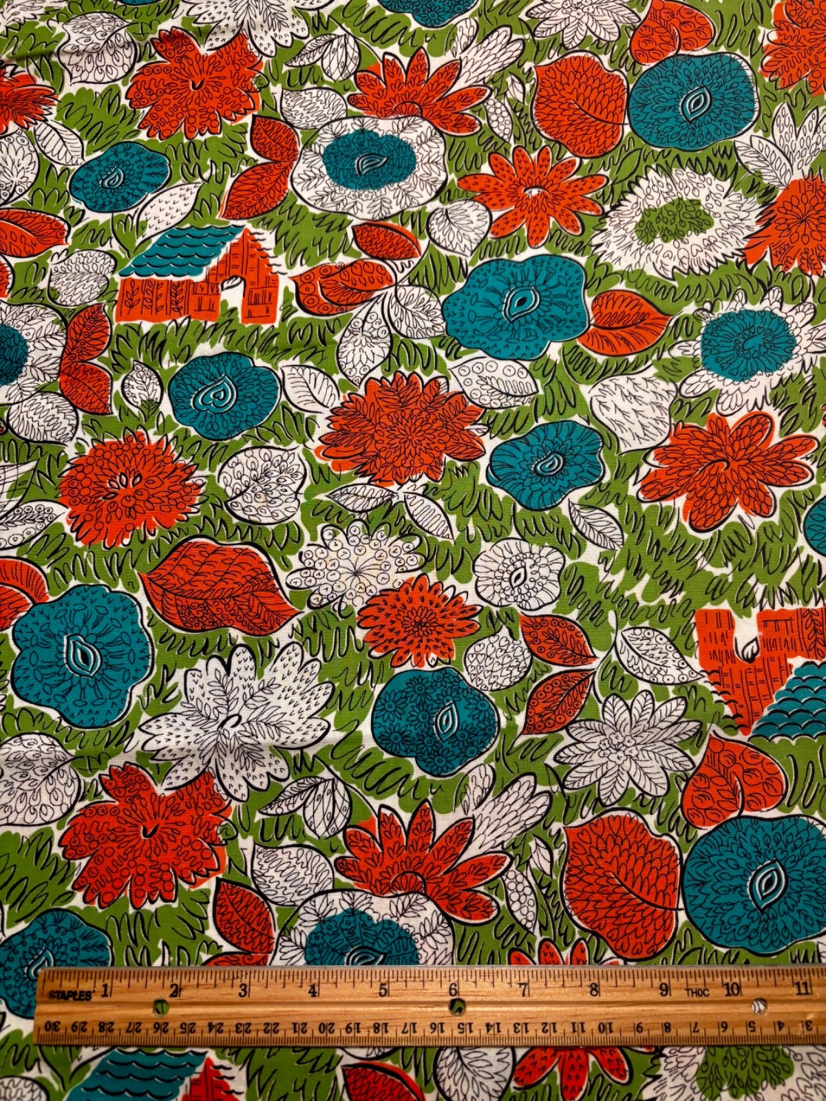 Antique Vintage Cotton Fabric 1940s Floral Forest Cottages Novelty 35w 34