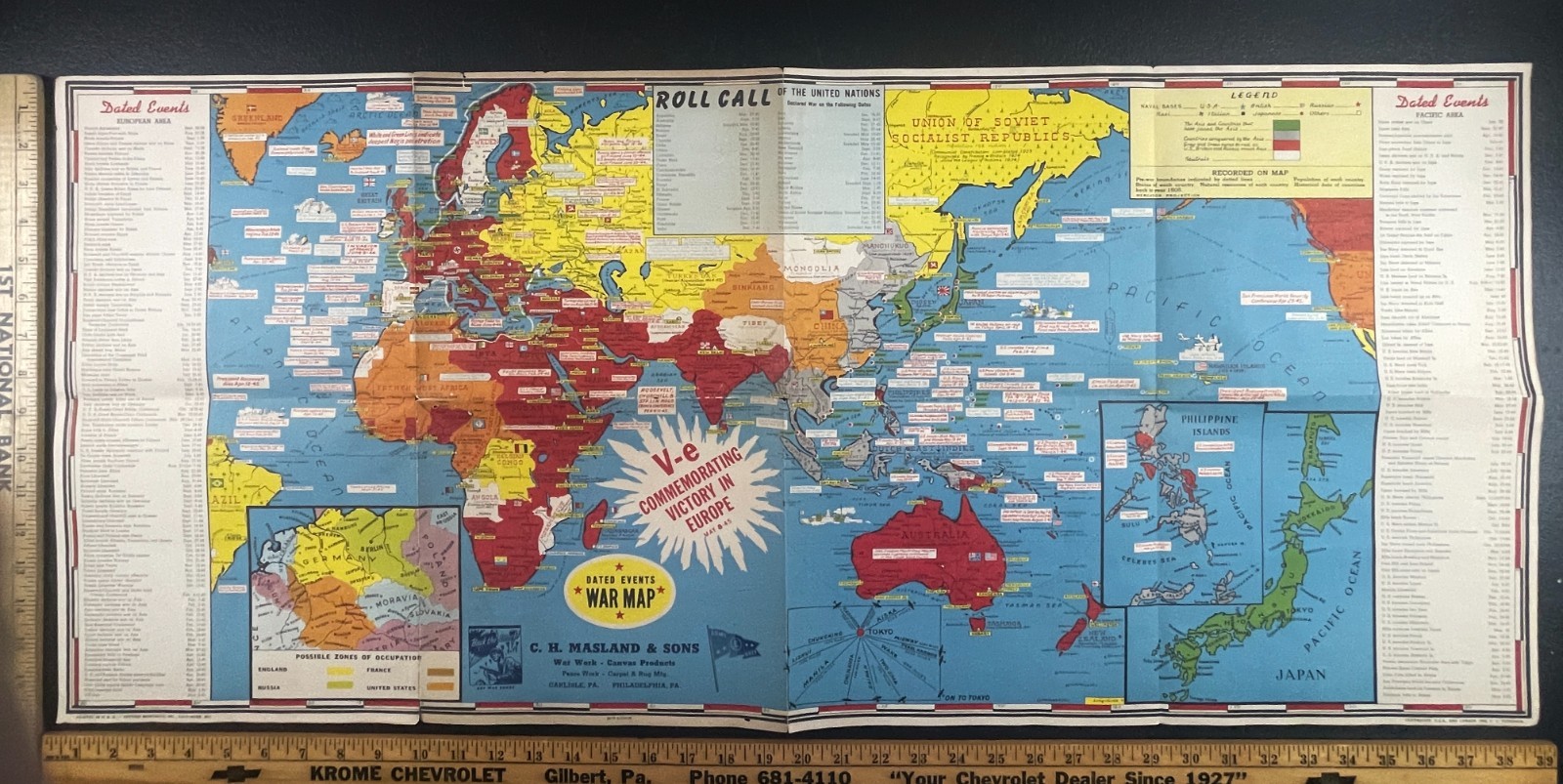 1945 WWII Large Foldout Poster Color War Map Allied Victory VE Day Gettier WW2