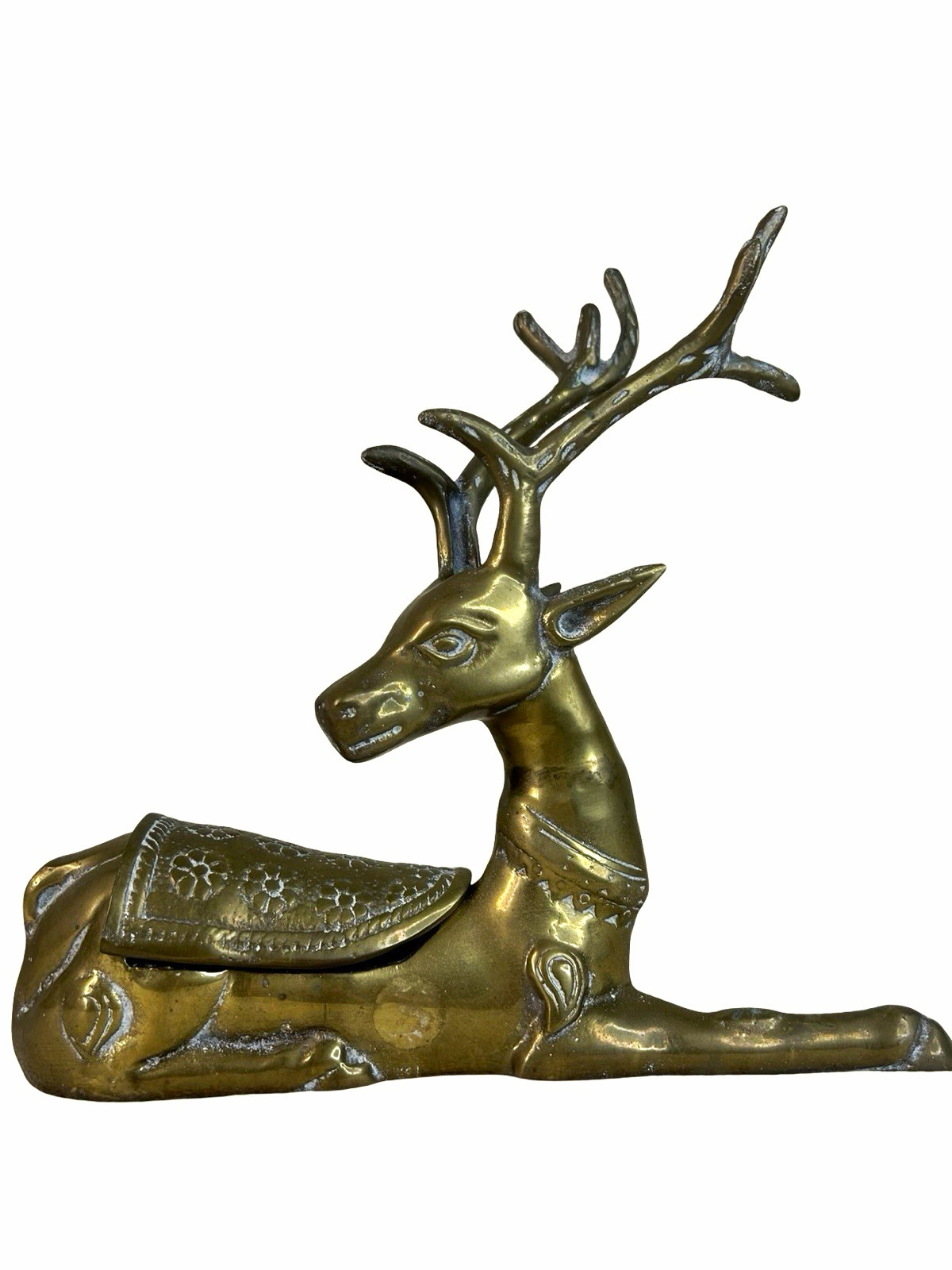 Vintage Brass Deer Trinket Box Planter Pot 10” x 9.75” Has gap on saddle lid