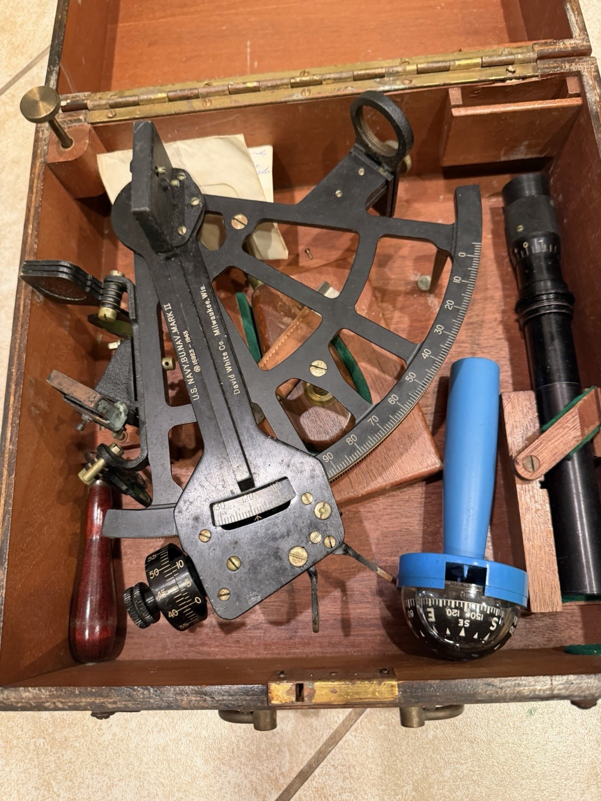 WWII U.S. Navy BuNav Mark II Sextant David White Co. w/ Wood Case Certificate