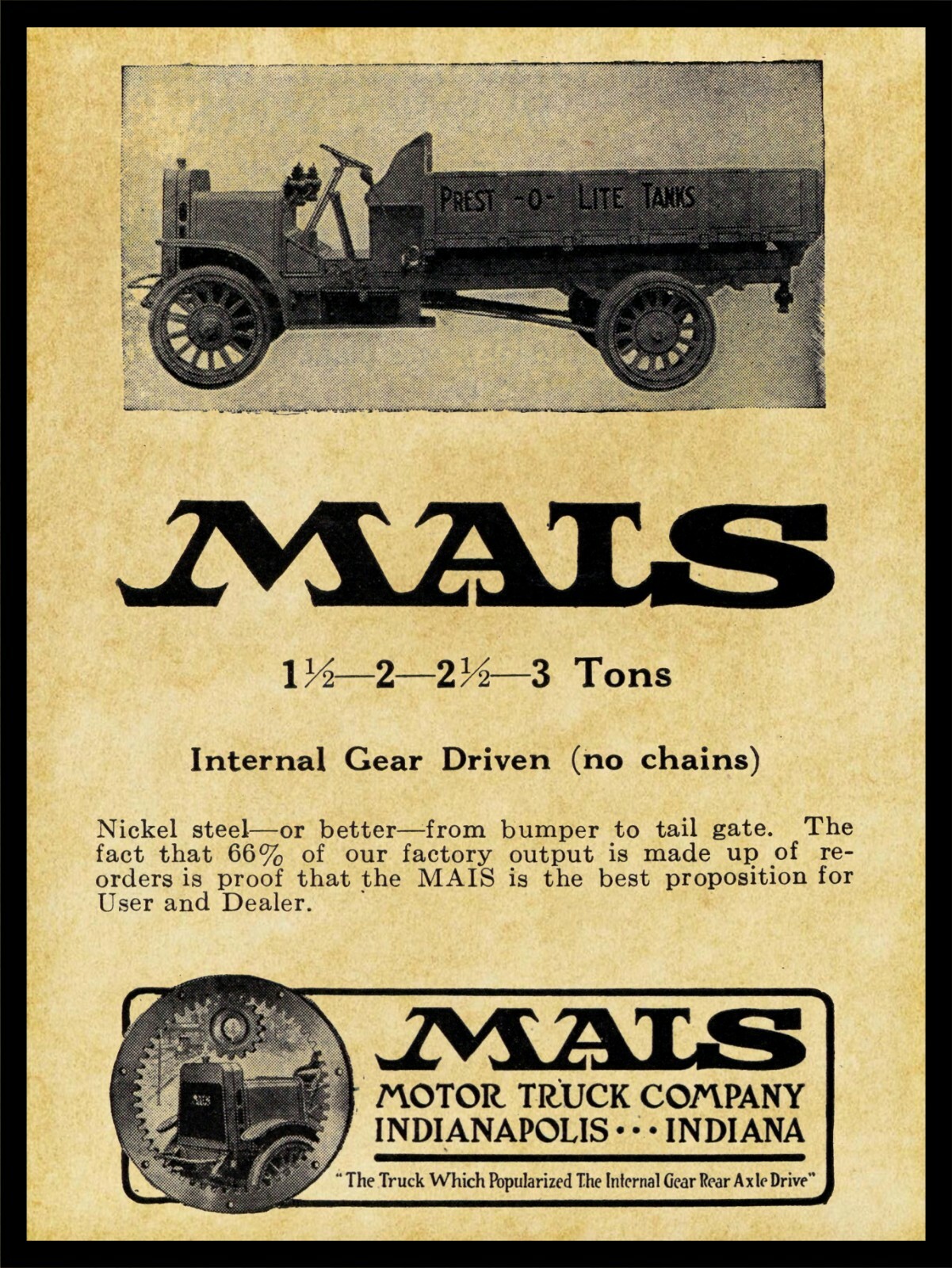 1913 Mais Motor Truck Co. NEW Metal Sign: 1-3 Ton Trucks - Indianapolis, Indiana