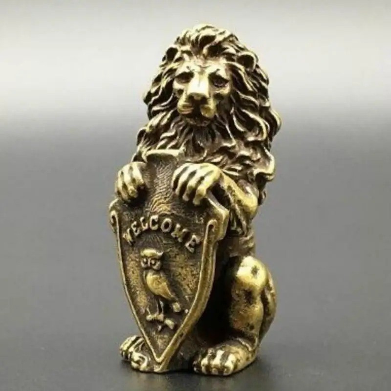 Brass Lion Welcome Animal Statue Small Sculpture Tabletop Figurine Home Decor 