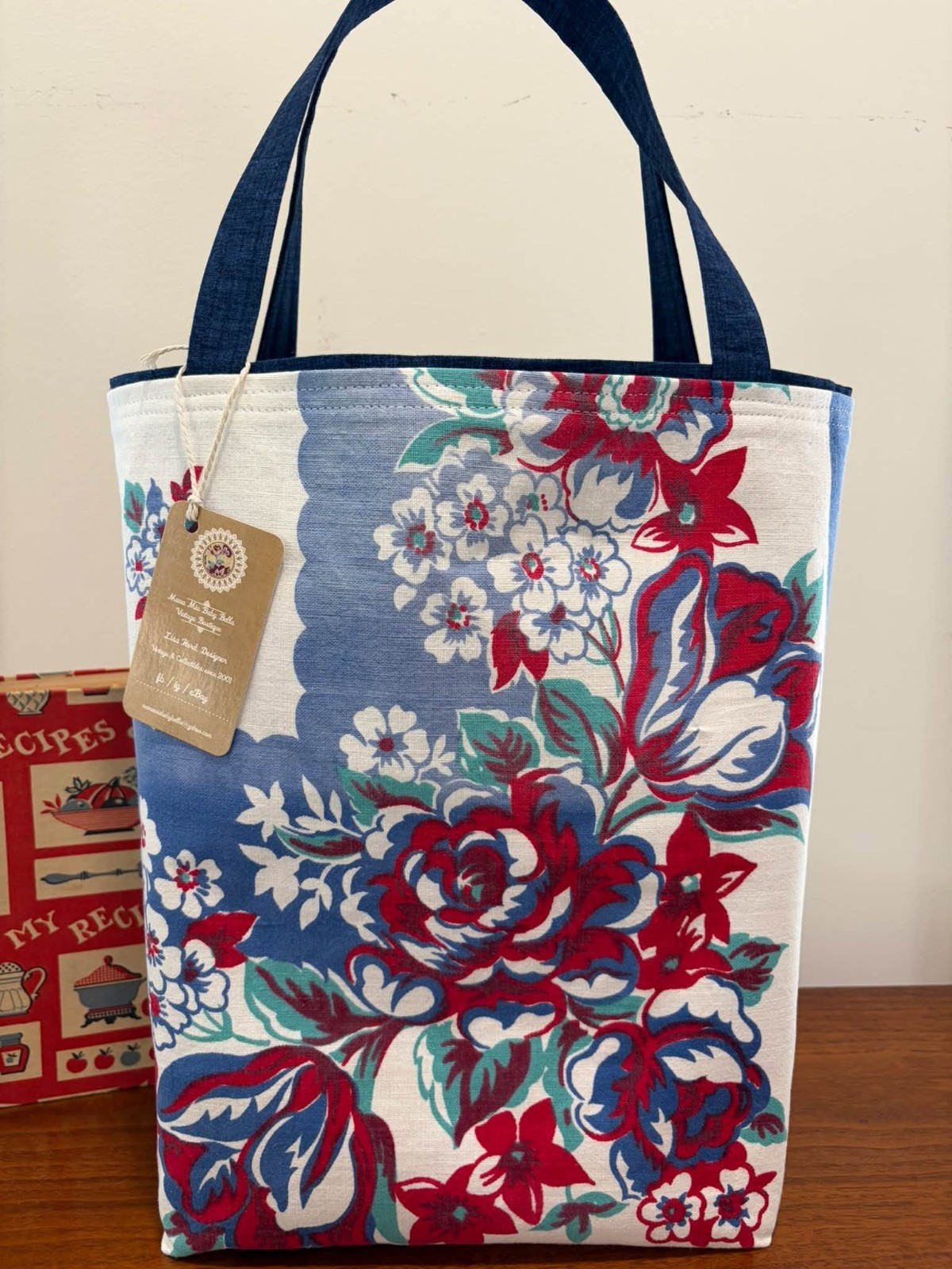 #877 Vintage Red White & Blue Patriotic Floral Faded Tablecloth Tote Market Bag