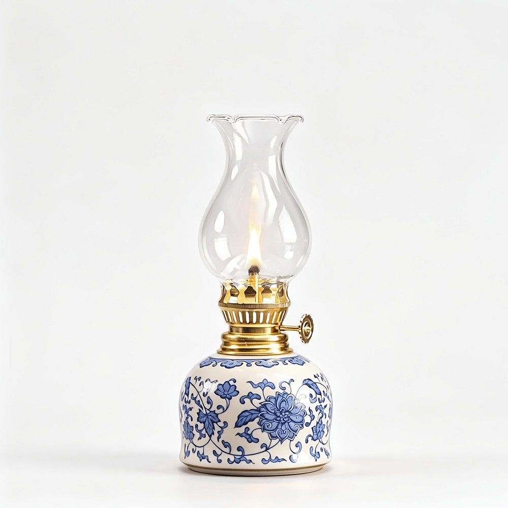 Blue And White Porcelain Oil Lamp, Ceramic Kerosene Lantern With Glass Chimney