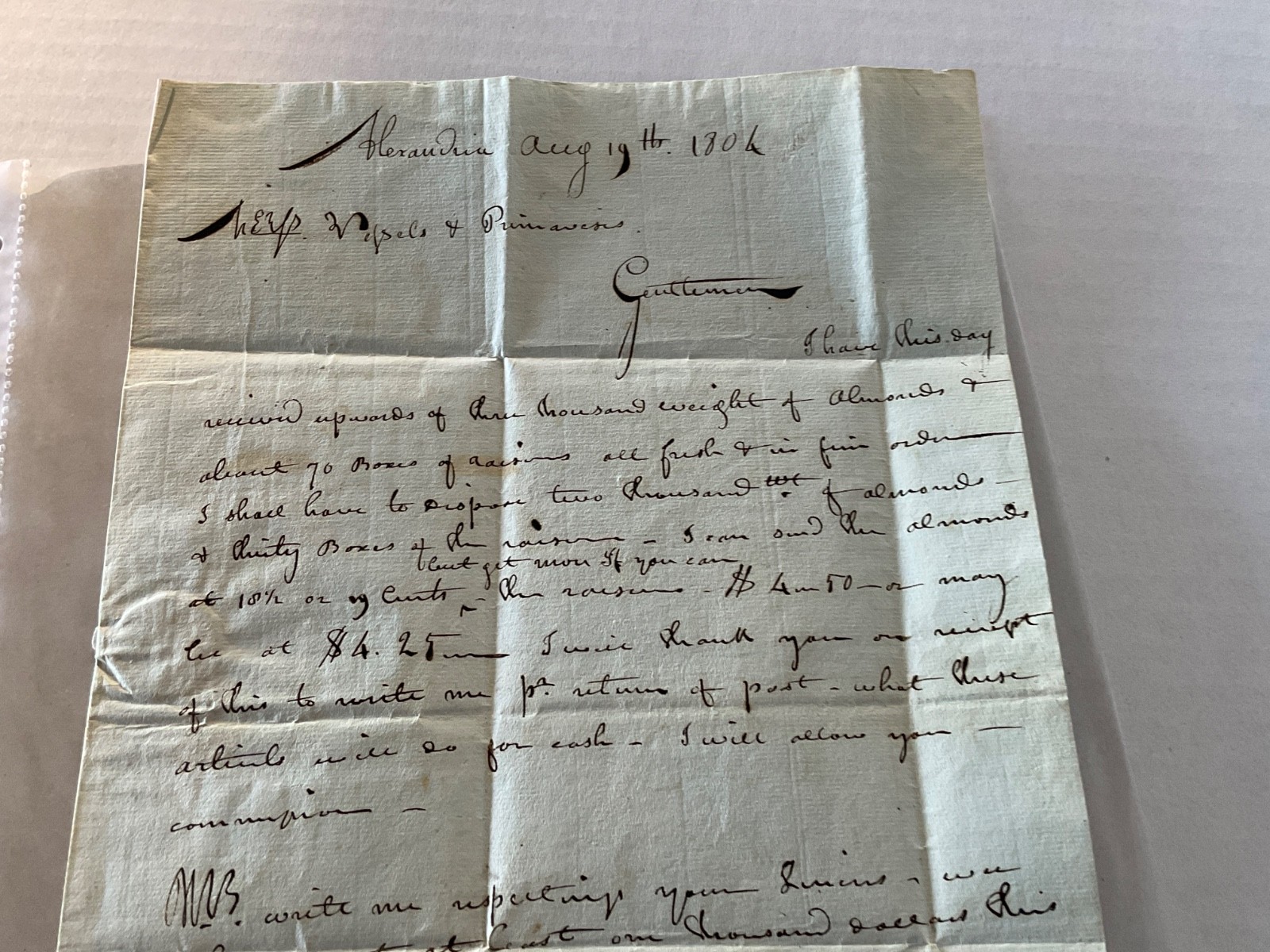 ALEXANDRIA VA LETTER 1804 M A BURFORD ALMONDS AND RAISIN TO BALITMORE POSTMARKED