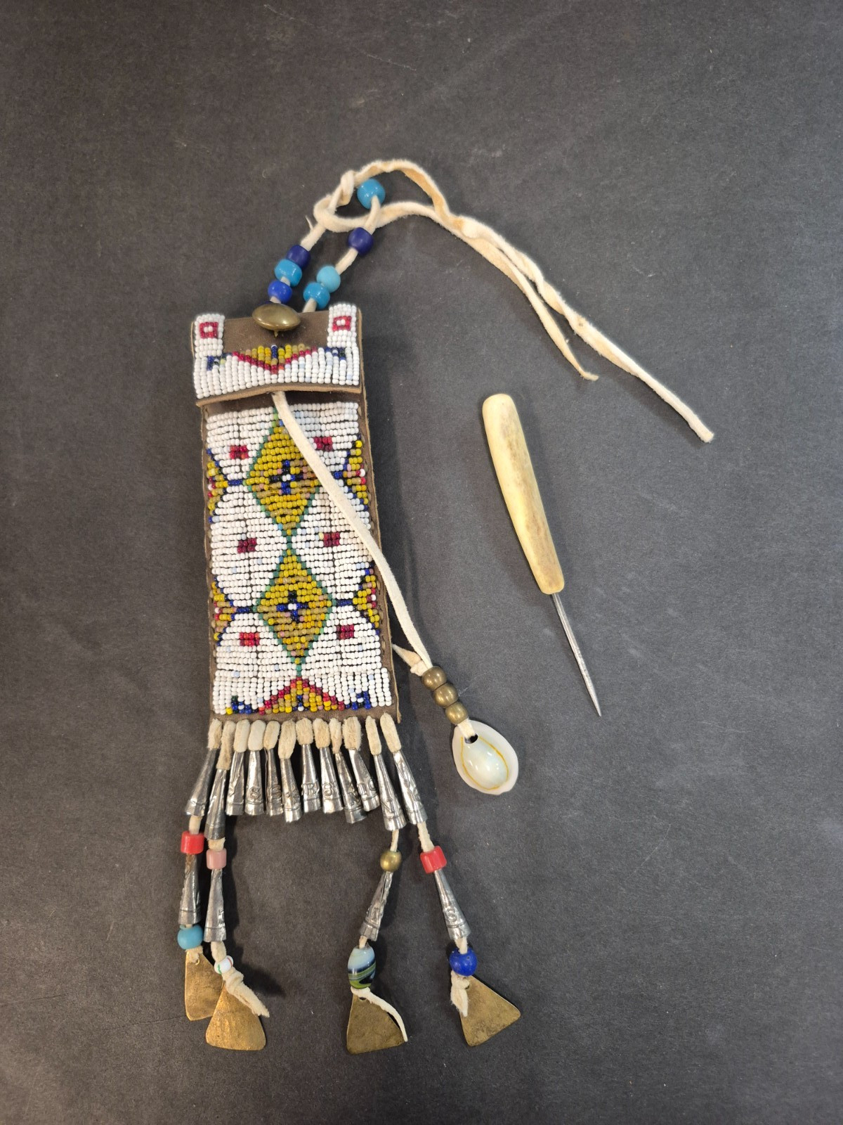 Native American Beaded Drawstring Awl Case Repro with Handmade Awl