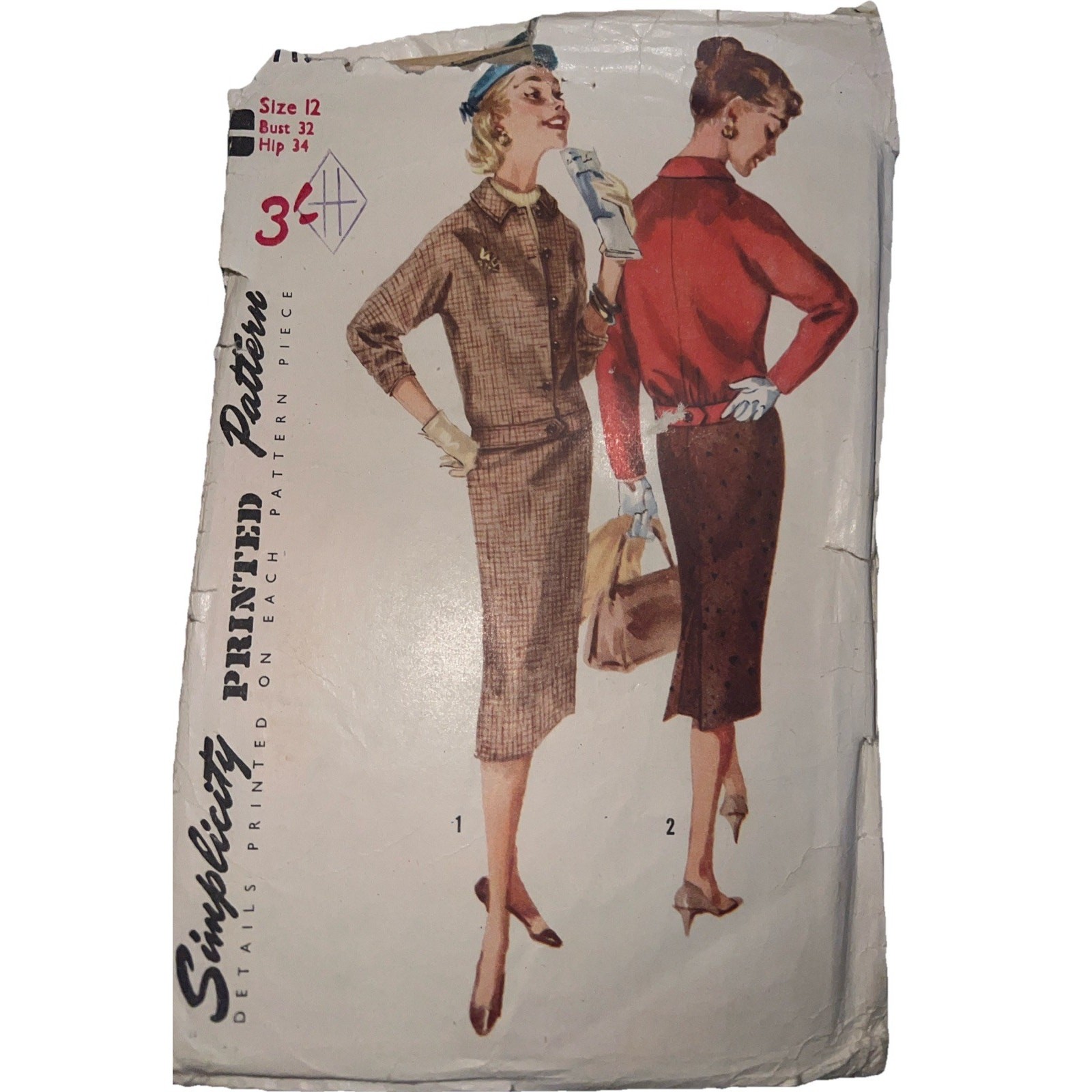 Vintage 1940s Simplicity 1719 Two Piece Skirt Suit Jacket Sewing Pattern 12 CUT