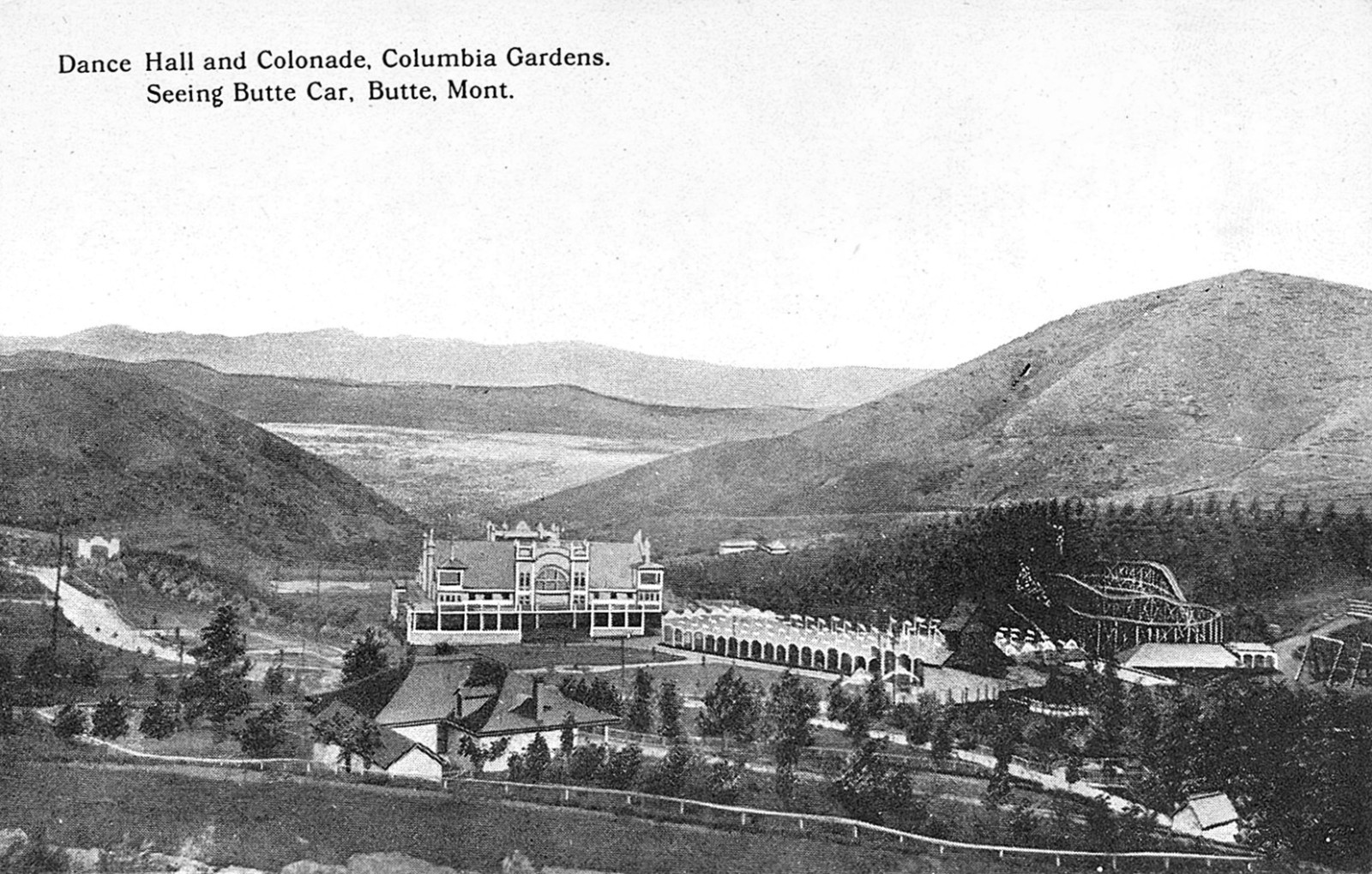 Butte Montana Columbia Gardens Dance Hall, Rollercoaster Postcard COPY #76069