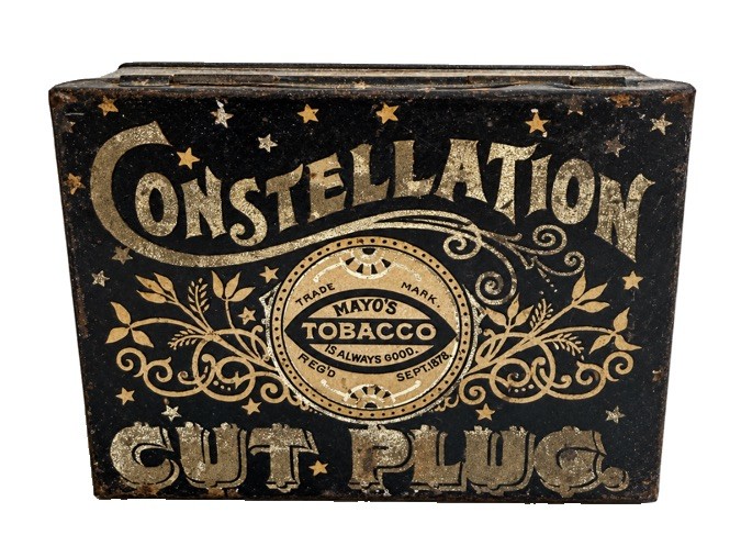 Antique Mayo’s Constellation Cut Plug Tobacco Tin Black & Gold Advertising
