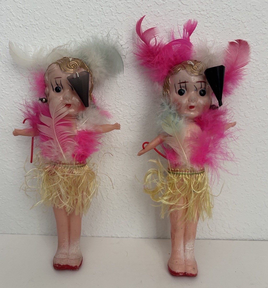 Vintage 1930s Japanese Celluloid Novelty Dolls Pair Feather Costume Japan Marked